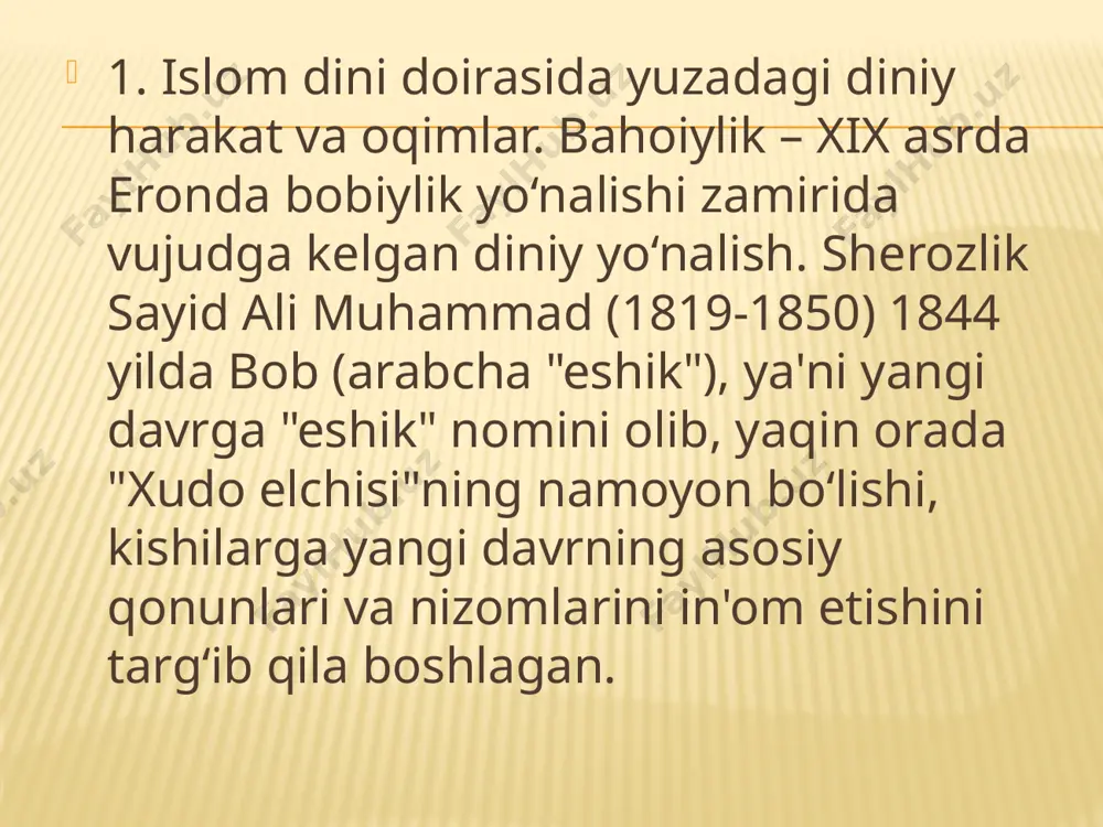 imasidan iborat. 1. islom dini nima uchun xizmat qiladi? a) siyosiy faoliyatlar b) ijtimoiy va ma'naviy yordam berish c) tijorat faoliyatlar d) sport 2. islom dini asosida nima qurilgan? a) siyosiy asosda b) tarixiy asosda c) ijtimoiy asosda d) qur'on va sunnat asosida 3. islom dini insonlarga qanday qiymatlar taklif qiladi? a) iman, umid, sabr, muhabbat, do'stlarlik, insoniylik, mehribonlik b) tijorat qiymatlari c) siyosiy qiymatlari d) sport bilan bog'liq qiymatlar 4. yangi islomiy harakatlar insonlarga qanday yordam beradi? a) ular insonlarga bu dunyoda mehribon, xursand va tinch hayotning sirrlarini tushuntirishda yordam beradi. b) ular tijorat faoliyatlarida yordam beradi. c) ular siyosiy faoliyatlarida yordam beradi. d) ular sport bilan bog'liq faoliyatlarida yordam beradi. 5. islomiy harakatlar insonning hayotiga qanday qiymatlar kiritadi? a) siyosiy qiymatlari a) adolat, mehribonlik, muhabbat, xursandlik va tinchlik b) tijorat qiyma c) adolat, mehribonlik, muhabbat, xursandlik va tinchlik d) sport bilan bog'liq qiymatlar 6. yangi islomiy harakatlar asosida …