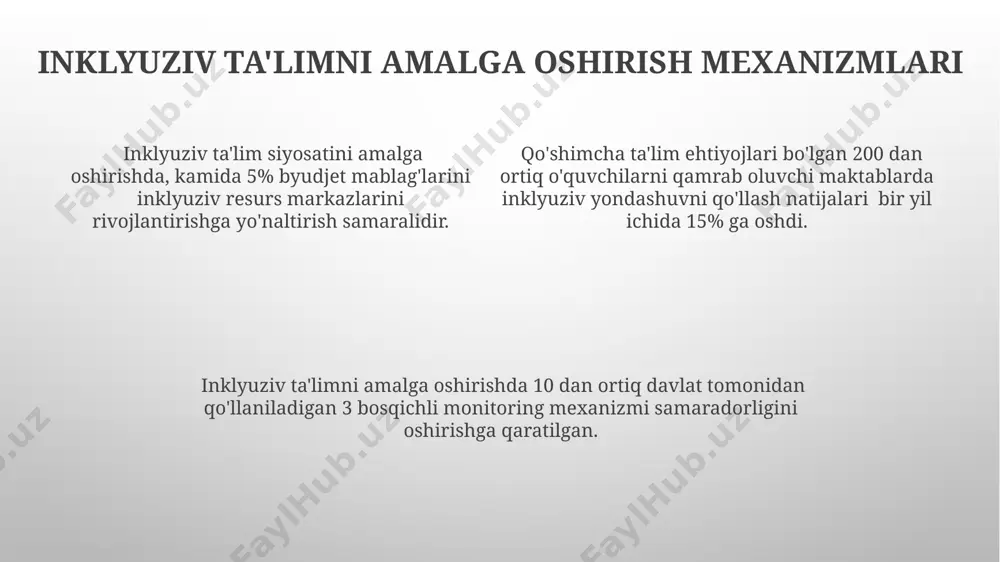 ziv ta'limga oid konvensiyalari bmtning mazkur hujjatlarida kamida 150 ga yaqin davlat imzolagan bo'lib, ular inklyuziv ta'limni milliy qonunchilik va siyosatga integratsiya qilishga, shu jumladan, o'quv dasturlarini moslashtirishga va nogiron bolalar uchun qo'shimcha yordam ko'rsatishga majbur. inklyuziv ta'limga oid xalqaro konvensiyalar, masalan, bmtning bolalar huquqlari konvensiyasi (1989) va kengaytirilgan imkoniyatli shaxslar huquqlari konvensiyasi (2006) ta'limda teng imkoniyatlarni ta'minlashni ta'kidlaydi. konvensiyalar ta'lim muassasalarining inklyuzivlikka o'tishini qo'llab-quvvatlash uchun davlatlarga qo'shimcha resurslarni ajratish, o'qituvchilarni tayyorlash va moslashtirilgan o'quv dasturlarini ishlab chiqish bo'yicha majburiyatlar yuklaydi. xalqaro huquqning asosiy tamoyillari xalqaro huquqning asosiy tamoyillaridan biri – davlatlar suvereniteti tengligi bo‘lib, 192 a’zo davlatdan iborat bmt nizomida mustahkamlangan va barcha davlatlarning o‘zaro teng huquqli munosabatlarini ta’minlaydi. inson huquqlari va erkinliklariga hurmat qilish, shu jumladan, nogironlarning ta’lim olish huquqi kabi, xalqaro huquqning 30 dan ortiq konventsiyasi va deklaratsiyalarida aks ettirilgan. diskriminatsiyani taqiqlash, xususan, ta’limga kirishda, xalqaro huquqning fundamental tamoyili hisoblanib, unga ko‘ra, kamida 5 ta asosiy xalqaro …