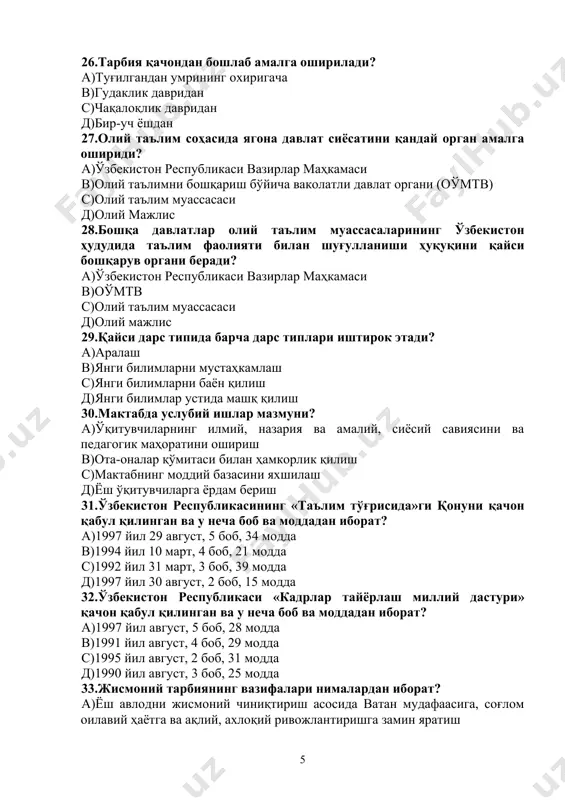 butun umri davomida davom etadigan adabiy protsess bo'lib, olingan bilimlar, hayotiy tajribalar asosida kishida dunyoqarashning va xulqning tarkib topishi tushuniladi b)tarbiya – bu bolani hayotda va o'qish jarayonida olgan bilimlari va tajribalari asosida uning dunyoqarashini tarkib topishi tushuniladi s)tarbiya – hayotiy tajribalar asosida kishida dunyoqarashning tarkib topishiga aytiladi d)tarbiya – bu bola tug'ilganidan boshlab maktabni bitirgunga qadar davom etiladigan jarayondir 38.sinfdan va maktabdan tashqari tarbiyaviy ishlar asosan qaysi rahbarning asosiy vazifasi hisoblanadi? a)ma'rifiy-ma'naviy ishlar o'rinbosarining b)ilmiy mudirning s)direktorning d)kafedra mudirining 39.sharqda arastudan keyin «ikkinchi muallim» nomini olgan alloma? a)abu nasr forobiy b)abu rayhon beruniy s)abu ali ibn sino d)al-xorazmiy 40.turkiston o'lkasida asosiy diniy-islomiy tarbiya muassasalari? a)boshlang'ich diniy maktablar,masjid, qorixona, madrasa, dalalixona va xok. b)masjid, litsey, internat maktablari s)qishloq maktablari, madrasalar, o'qituvchilar institutlari d)uy maktablari, qorixona, universitet 41.o'qitish jarayoni qanday faoliyatni o'z ichiga oladi? a)o'qituvchi va o'quvchi orasidagi faoliyat b)talaba va o'quvchi orasidagi faoliyat s)ustoz va muallim orasidagi faoliyat d)maktab o'quvchilari …