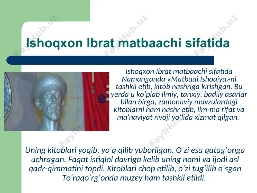 jobiy natijaga kelishga harakat etish kerak edi. bunday maqsadga yetish uchun, turluk sabablar topilib, eplay olmadim. manbalar ishoqxon ibrat. «tarixi farg‘ona». toshkent, 1992. ibrat, ajziy, so‘fizoda. tanlangan asarlar. t.: ma'naviyat, 1999. ishoqxon ibrat. tarixi farg‘ona. qo‘lyozma, o‘zmu prof. g‘. karimov fondida saqlanadi. ishoqxon ibrat. jome' ul-xutut. namangan, 1912.