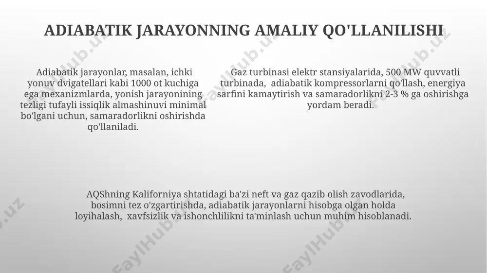 -javob adiabatik jarayonda bajarilgan ishni hisoblashda 1,5 mol ideal gaz uchun 273 k dan 373 k gacha bo'lgan izotermik siqilish jarayonida 100 j ish bajarilganligi haqida toshkentdagi fizika laboratoriyasida o'tkazilgan tajriba natijalari keltirilgan. adiabatik jarayonda bajarilgan ishning miqdori gazning boshlang'ich va oxirgi holati parametrlariga (bosim, hajm, temperatura) bog'liq bo'lib, masalan, 100 kpa bosim va 2 m³ hajmda 300 k temperaturadagi gaz uchun andijon viloyatidagi zavodlarda aniq hisob-kitoblar o'tkaziladi. adiabatik jarayonda bajarilgan ishni aniqlash uchun γ=1.4 bo'lgan ikki atomli gaz uchun p1v1 va p2v2 qiymati berilganida, formuladan foydalanib, samarqand shahridagi universitet talabalari amaliy mashg'ulotlarda hisob-kitoblarni bajarishlari mumkin. adiabatik jarayonda ishning hisoblanishi adiabatik jarayonda bajarilgan ishni hisoblash uchun ideal gaz uchun pv γ = c tenglamasidan foydalaniladi, bu yerda γ – adiabatik koʻrsatkich boʻlib, 1,4 ga teng (masalan, havo uchun) va c – doimiydir. adiabatik kompressorda, masalan, 200 kpa dan 500 kpa gacha bosim oshirishda bajarilgan ishni hisoblash uchun pv γ = …