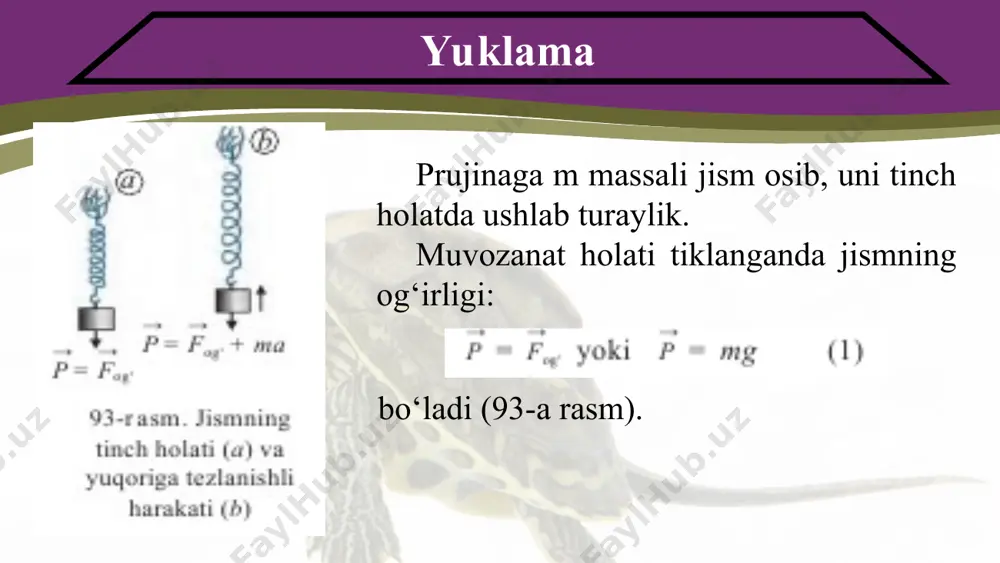 irligi kamayganligini ko‘rsatadi. bunda og‘irlik ma ga kamayadi: jism pastga tik yo‘nalishda a tezlanish bilan harakatlanganda, uning og‘irligi ma miqdorida kamayadi. tinch holatda turgan lift pastga harakatlana boshlaganda, u a tezlanish oladi. bu paytda uning ichidagi odam og‘irligi ma ga yengillashadi. yuk osilgan prujinani qo‘yib yuborsak, prujina qisqarib, yuk a = g tezlanish bilan pastga harakatlanadi. bunda prujinaning shkalasi unga osilgan jismning og‘irligi 0 ga tengligini, ya’ni vaznsizlik holatini ko‘rsatadi (95-b rasm): ta’kidlash joizki, jismning og‘irligi – bu yerga tortilishi tufayli jismning tezlanishi a = 0 bo‘lganidagi tayanchga yoki osmaga ta’sir etadigan kuchidir (96-a rasm). erkin tushayotgan jism (a = g da) esa tayanchga yoki osmaga ta’sir etmaydi, ya’ni jism og‘irligi nolga teng bo‘ladi (95-b rasm). chunki bunda tayanch ham, osma ham jism bilan birga tushib boradi. ammo og‘irlik kuchi nolga teng emas, chunki ular aynan shu kuch ta’sirida pastga tushib borishadi. demak, yer yuziga erkin tushayotgan jism vaznsizlik holatida …
