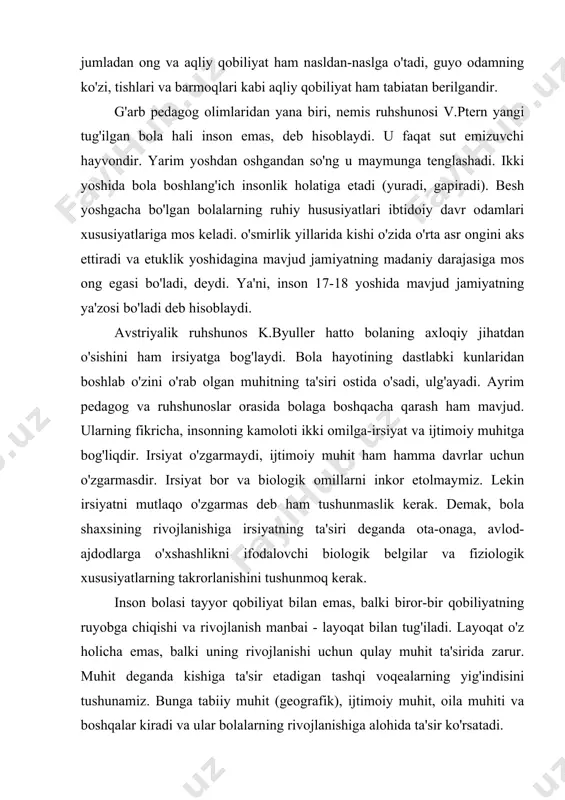 iya muassasalarida, keyinchalik maktab, o'rta maxsus kasb-hunar ta'limi va oliy maktabda ta'lim-tarbiya oladi. shu sababli inson kamolotida ta'lim va tarbiyaning etakchilik qilishiga imkon berish darkor. ta'lim va tarbiya jarayonida kishi organizmining o'sishi va muhitning stixiyali ta'siri bera olmaydigan narsalarini o'rganib oladi. masalan, bola o'z ona tilini atrofni o'rab turgan muhitning ta'sirida o'rganib olishi mumkin. lekin o'qish va yozishni maxsus ta'lim -tarbiya yo'li bilangina o'rganadi, mehnat va kasb egallash ko'nikma va malakalari faqat ta'lim jarayonida egallanadi. ta'lim-tarbiya yordamida kishining ba'zi tug'ma kamchiliklarni ham kerakli tomonga o'zgartirish, shuningdek, muhitning salbiy ta'siri natijasida yuz bergan kamchiliklarni ham tugatish mumkin (bolalarning karta o'ynashi, qo'pollik, so'kish, papiros chekishlari va h.k.). ta'lim jarayonida bolada bilimlar, ko'nikma va malakalar hosil bo'libgina qolmay, balki ilmiy dunyoqarash ham shakllanadi. xullas, bizning asosiy va eng muhim vazifamiz, bolalarning qobiliyat va iste'dodlarini o'z vaqtida payqab olish va ularning kamol topishlari uchun qulay sharoit, ta'lim-tarbiya berishdir. tarbiya va rivojlanishning o'zaro bir-biriga ta'siri …