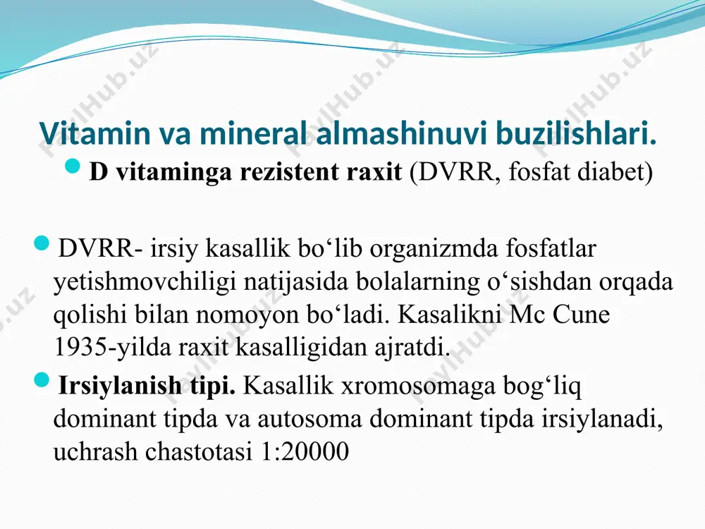 formatsiyalari, yaqqol gipofosfatemiya, ichakda fosfor reabsorbtsiyasi buzilishi normal yoki qisman giperfosfaturiya d vitaminga sezuvchanlik pasayishi dvrr ning klinik-biokimyoviy variantlari 4-variant. kasallik belgilari 2 yoshda namoyon bo‘ladi, qisman suyak deformatsiyalari d vitaminga yuqori sezuvchanlik va gipervitaminoz rivojlanishiga moyillik kuzatiladi. d gipervitaminoz qusish, ko‘ngil aynish, suvsizlanish, giperkaltsiemiya, giperkaltsiuriya bilan xarakterlanadi. diagnostikasi. qon zardobida fosfor kamayishi kaltsiy normada bo‘lishi ishqoriy fosfataza aktivligi ortishi rentgenologik tekshirishda suyak epifizida tog‘ay proliferatsiya zonasi kengayishi osteoid giperplaziya osteomalyatsiyani keltirib chiqaruvchi shakllangan suyakdagi metafiz o‘zgarishi suyak kanal va trabekulalari struktura buzilishlari tog‘ay proliferatsiyasi osteoporoz zonalar aniqlanadi. davolash. metabolik buzilishlarni korrektsiyalash, asoratlarning va bola nogironligining oldini olishga qaratilgan. d vitamin va uning metabolitlari beriladi, d vitaminning dastlabki dozalari sutkada 10000-15000 ed; qon zardobi va siydikda ca va p miqdori ishqoriy fosfataza faolligiga qarab d vitamin dozasi oshirib boriladi. tekshirish har 10-14 kunda o‘tkaziladi davolash. klinik-biokimyoviy variantlariga qarab d vitamin maksimal sutkalik dozasi quyidagicha: 1-variant – 85000-100000 ed 2-variant –150000-200000 …