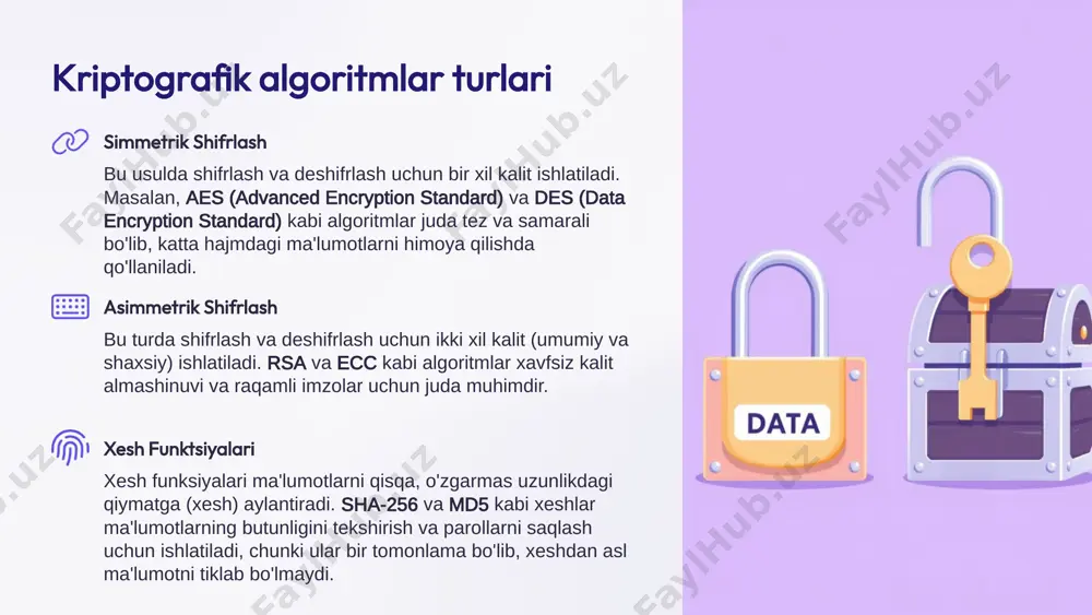 abli, post-quantum cryptography (pqc) – kvant hujumlariga qarshi tura oladigan yangi algoritmlarni ishlab chiqish ustuvor yo'nalish hisoblanadi. 2 ai va kriptografiya sun'iy intellekt va kriptografiyaning integratsiyasi yangi imkoniyatlarni ochadi. ai yordamida kriptografik hujumlarni aniqlash va himoya tizimlarini kuchaytirish mumkin bo'ladi. 3 yangi qo'llanish sohalari kriptografiya tibbiyot (masalan, bemor ma'lumotlarini himoya qilish) va avtomobilsozlik (avtonom avtomobillarning xavfsizligi) kabi yangi sohalarda ham keng qo'llaniladi. 9 xulosa kriptografiya – bu zamonaviy dunyoda ma'lumotlarni himoya qilishning va raqamli ishonch muhitini yaratishning eng muhim vositasidir. u shaxsiy hayotimizdan tortib, global moliyaviy operatsiyalargacha bo'lgan barcha raqamli jarayonlarning xavfsizligini ta'minlaydi. bu doimiy rivojlanib boradigan soha bo'lib, yangi tahdidlarga qarshi kurashish va axborot xavfsizligi ehtiyojlarini qondirish uchun yangi usullar va texnologiyalar yaratilmoqda. kriptografiya bo'yicha bilim va ko'nikmalarga ega bo'lish, har bir kishi uchun muhimdir, chunki bu bizning raqamli kelajagimizni himoya qilishga yordam beradi. yangi qoidalar va standartlar ishlab chiqilmoqda, bu esa kriptografiyaning kelajakda yanada keng tarqalishiga xizmat qiladi. …