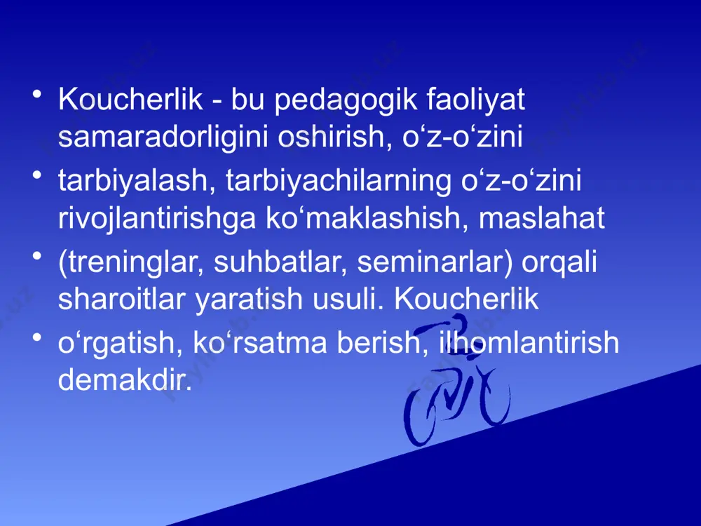 n yondashishga yordam beradi. koucherlik san’ati - tarbiyachining ijodiy salohiyatini rivojlantirishga yordam berishdir. koucherlik pedagogik faoliyatni tashkil etish uchun tarbiyachilarni tayyorlash shakli sifatida tarbiyachilarga; - o‘qituvchilarning samarali yo‘nalishdagi qobiliyatlarini rivojlantirishga imkon erishishda samarali yordam ko‘rsatadi kasbiy faoliyatda o‘sish imkonini beradi ushbu yuqorida keltirilgan fikrlarga tayanib shunday xulosa qilish mumkin; koucherlik bu inson salohiyatini ochish san’atidir. hozirgi davr talabi bo‘lgan kretiv fikrlovchi yosh avlodni kamolga yetqizishda xizmat qiladigan tarbiyachilar bilan kouching texnologiya asosida ish olib boish uning ilmiy salohiyatini ochishga va komil insonlarni tarbiyalashdek mashaqqatli mehnatlarida ildam harakat qilishga yordam beradi. maqolani buyuk faylasuf olim konfutsiyning quyidagi fkrlari bilan yakunlamoxchiman: “faqat ilm izlaganlarga ko‘rsatma bering. faqat o‘z fikrlarini aniq ifoda etishni bilmaganlarga yordam bering. maydonning bir burchagini o‘rganib, qolgan uchtasini tasavvur qilishga qodir bo‘lganlarga o‘rgating”. xulosa ushbu jarayonda o‘z oldiga kasbiy va shaxsiy o‘sish, shaxsiy kompetentsiyani oshirish vazifasini qo‘ygan tarbichilarga individual yordam ko‘rsatiladi. kouching texnologiyasi tarbiyachilarni ijtimoiy tashabbuskor, faol, kretiv, o‘z …