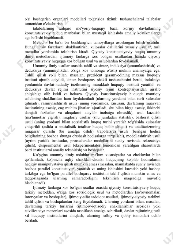 iyat, siyosiy institutlar va siyosiy rejim masalalari bilan taqqoslashga e'tibor berishadi. uning tarafdorlari tomonidan nashr etilgan darsliklar "konstitutsiyaviy huquq va siyosiy institutlar" deb nomlangan. so'nggi o'n yilliklarda, ayniqsa post-sotsialistik mamlakatlarda (ularda marksizm ta'siri izsiz yo'qolmadi, ammo shu bilan birga, tadqiqotchilar qiyosiy konstitutsiyaviy huquq muammolariga munosib yondoshgan huquqshunos bo'lib qolmoqdalar). bu esa shu davrda ijtimoiy-huquqiy maktab rivojlanganligini ko'rsatadi. uning tarafdorlari ijtimoiy va huquqiy yondashuvlarni izchil shaklda amalga oshirishga, ijtimoiy tahlilni yuridik fan bilan birlashtirishga intiladilar, hech qachon huquqiy normalarni o'rganishdan va ularga ijtimoiy-siyosiy baho berishdan voz kechmaydilar. dinshunoslik maktabi alohida o'rin tutadi. uning tarafdorlari qarashlarining o'ta xilma-xilligi bilan ajralib turadi. uning musulmon radikalizmi (eron, saudiya arabistoni va boshqalar) mamlakatlaridagi o'ng qanoti maxsus diniy talqinda radikal yo'nalish bilan birlashadi, ammo tarafdorlarining ma'lum qismi g'arb g'oyalari ta'sirida liberal qarashlarni bildiradi. bu katolik universitetlarining huquqiy tadqiqotchilariga ham tegishli. ushbu maktab asosan musulmon huquqshunoslarning asarlari bilan ifodalanadi. uning radikal tarafdorlari asarlari xalifalik yoki imomat g'oyalari …