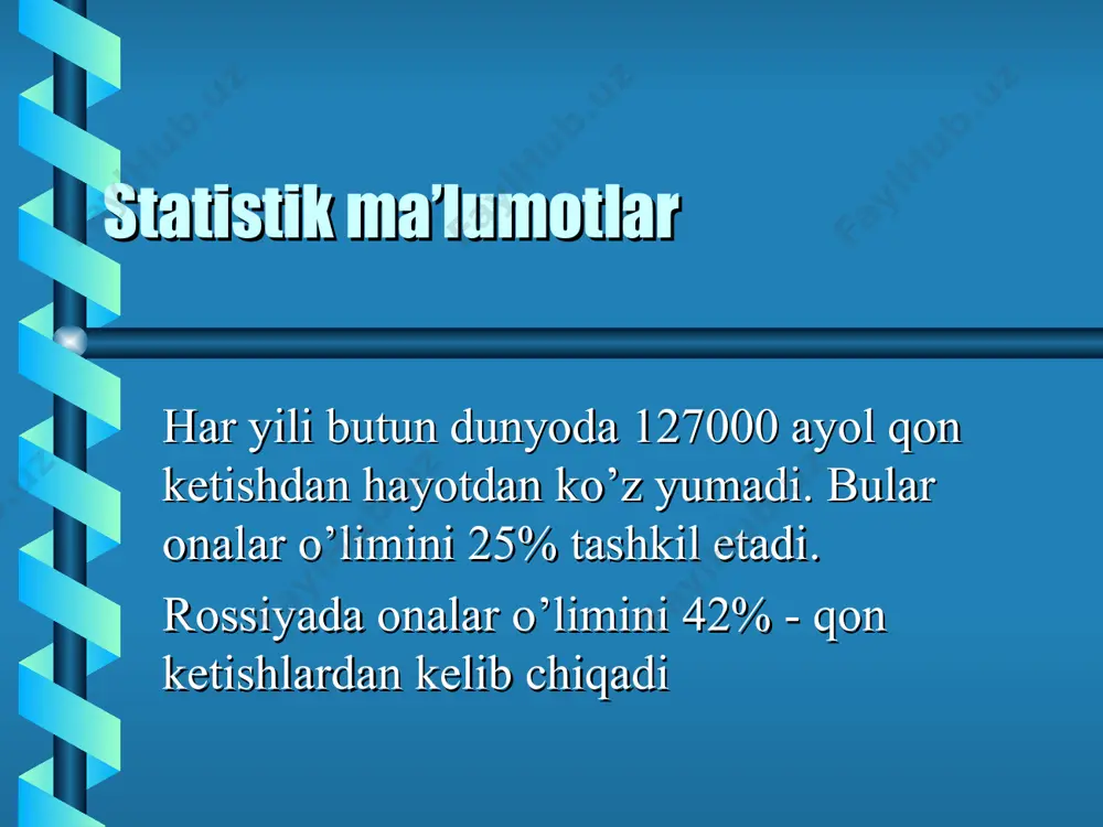 on aylanishini markazlashuvi autogemodilyutsia, reologiya buzilishi, tikis (dvs), poliorgan yetishmaslik asoratlar mikrotsirkulyatsia buzilishi modda almashuvi buzilishi o’tkir buirak yetishmasligi o’tkir jigar yetishmasligi nafas yetishmasligi asoratlar asoratlar (davomi) miyada qon aylanishini buzilishi yurak yetishmasligi «shokli» bachadon shok klinikasi kompensatsialangan shok (800 - 1200 ml) dekompensatsialangan: - qaytarib buladigan (1200 - 2000ml) - qaytarib bulmaidigan (2000dan kup) akusherlikda dvs-sindrom barcha tomirlarda maida tromblar hosil bulishi fibrinolitik tizimni aktivlanishi fibrin va fibrinogen parchalanishi va ularning degradatsia mahsulotlarini kupaiishi, kuchli qon ketishi dvs klinikasi surunkali giperkoagulyatsia giperkoagulyatsia fazasi (3-5 min) gipokoagulyatsia fazasi (bir necha min. eki soat) davolash asoslari operativ davo (bachadon amputatsiasi, ekstirpatsiasi, a.iliaca bog’lash) yangi muzlatilgan plazma - 1 l kriopretsipitat, eritrotsitar massa, al'bumin proteazalar ingibitorlari (qontrikal, gordoks) etamzilat, ditsinon davolash asoslari refortan, stabizol, jelatinol' christalloidlar (izotonik eritma, kaliy hlorid, ringer, glyukoza) glyukokortikoidlar dopmin, adrenalin ivl diuretiklar
