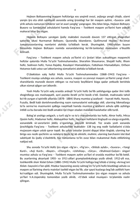 ayon, tabiiyki, hoji abdulaziz rasulov singari iste’dodlarning bastakorlik faoliyati ila amalga oshgan. hoji abdulaziz rasulov ijrochilik bisoti (repertuari)da 200dan ziyod ashula va cholg‘u kuylari bo‘lib, bunda hofiz ashula yo‘llarini buxoro samarqand an’anasiga oid o‘zbek va tojik tillarida kuylagan. shu bilan birga, hoji abdulaziz rasulov birinchilardan bo‘lib shashmaqomni dutorda ijro etish an’anasini amaliyotda qo‘llagan san’atkordir. bu hol, o‘z navbatida, shashmaqomni dutor ijrochiligi keng tarqalgan farg‘ona – toshkent va xorazm vohalarida ham yoyilishiga sabablardan biri bo‘ldi. xorazm maqomlarining bizga ma’lum bo‘lgan mahoratli ijrochilari bir necha avloddan iboratdir. xususan, xix asrda komil xorazmiy, xix asr ikkinchi yarmi – xx asr boshlarida esa, komil xorazmiyning shogirdlari xudoybergan muhrkan, matyoqub pozachi, abdullo gulobiy, bobojon bulomonchi, muhammad rasul mirzo, matyoqub xarratov kabi maqomchi san’atkorlar faoliyat ko‘rsatganlar. shuningdek, xx asr davomida matpano ota xudoyberganov, matyusuf xarratov, madrahim yoqubov (sheroziy), hojixon boltayev, komiljon otaniyozov, matniyoz yusupov, ro‘zimat jumaniyozov va boshqa ustoz san’atkorlarning nomlari xorazm maqomlarining yetuk ijrochilari qatorida …