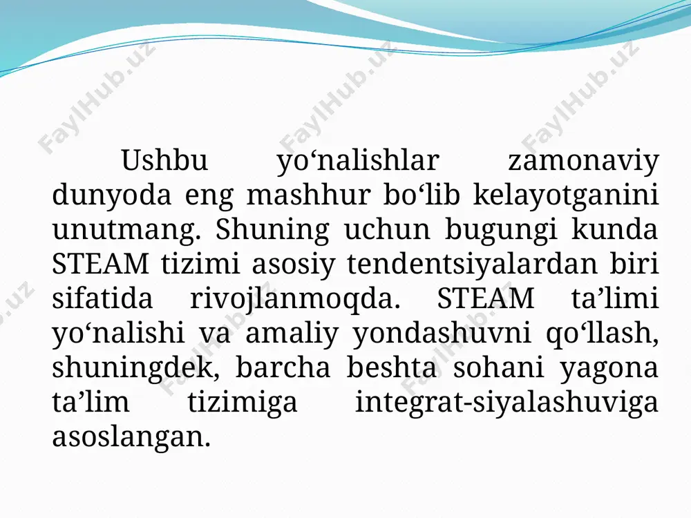 ish va tanishish imkoniyatini berish uchun steam kurslarini ishlab chiqdi va hattoki ba’zi ta’lim muassasalarida steam o‘quv markazlarini yaratdi. statistikaga ko‘ra, 2011 yildan buyon steam-kasblarga bo‘lgan talab darajasi 17% ga oshdi, oddiy kasblarga bo‘lgan talab esa faqat 9,8% ga oshdi, bu esa butun dunyo bo‘ylab ushbu ta’lim tizimiga katta talabni ko‘rsatadi. lekin bunday yuqori talab nima bilan bog‘liq? ko‘pgina mamlakatlarda steam-ta’lim ba’zi sabablarga ko‘ra ustuvor ahamiyatga ega: yaqin kelajakda dunyoda va shuning uchun o‘zbekistonda muhandislar, yuqori texnologiyali ishlab chiqarish mutaxassislariga talab juda yuqori bo‘ladi. uzoq kelajakda biz tabiiy fanlar bilan birgalikda texnologiya va yuqori texnologiyali ishlab chiqarish bilan bog‘liq bo‘lgan kasblarga ega bo‘lamiz, ayniqsa bio va nanotexnologiya mutaxassislariga katta talab bo‘ladi. mutaxassislar texnologiya, tabiiy fanlar va muhandislikning turli sohalaridan keng qamrovli ta’lim va tajribaga muhtoj bo‘ladi. integratsiyalashgan ta’lim xo‘sh, bu ta’lim tizimi va fanlarni o‘qitishning an’anaviy usuli o‘rtasidagi farq nima? steam-ta’lim o‘quvchilar ilmiy usullarni amalda qanday qo‘llashni tushunishga kirishadigan aralash …