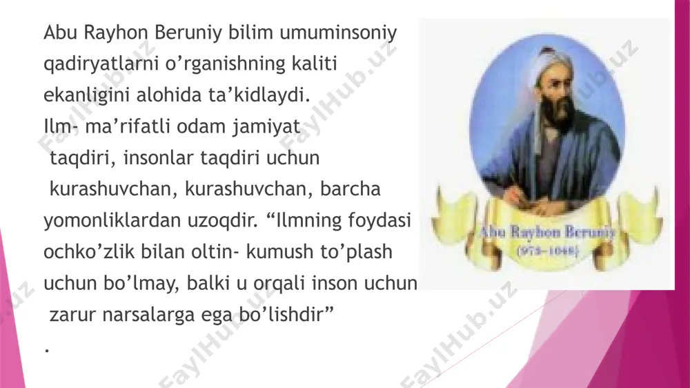 anasi 47 metr, balandligi 31 metr edi. bobo’rning yozishicha, u uch qavatli bo’lgan. binoning sirti koshin va sirli parchinlar bilan qoplangan. binoning ichki sahni sudsi faxriy (sekstant) va koridorlar bilan to’rt qismlarga ajratilgan. rasadxona ichki devorlarida koinot-u er sharining umumiy manzarasi tasvirlangan bo’lib, shu tufayli bu mavzu aholi o’rtasida «haqshi jahon» degan nom bilan shuhrat topadi. alisher navoiyning asarlaridagi farhod, shirin, layli, dilorom, qays, shopur kabi ijobiy qahramonlar umuminsoniy tarbiya asosida tarbiyalanganlar, kamtarin, odobli, or-nomusli insonlardir. bu qahramonlar orqali yoshlarni ulardan ibrat olishga chorlaydi. alisher navoiyning barcha asarlari yoshlar tarbiyasi uchun muhim xazina hisoblanadi. u o’z asarlarida har bir so’zdan unumli va o’rinli foydalana olgan. har bir hikmati biz uchun ibratlidir. alisher navoiyning hayoti va merosi yoshlarda umuminsoniy fazilatlarni tarbiyalashda bizga har tomonlama namuna bo’ladi. ulug’ shoir o’zining ta’lim-tarbiyaga oid fikr-mulohazalari bilan barkamol avlod tarbiyasiga katta hissa qo’shdi, umuminsoniy fazilatlar to’g’risidagi fikrlari hozirgi davrimiz uchun ham muhimdir. e’tiboriz uchun rahmat …