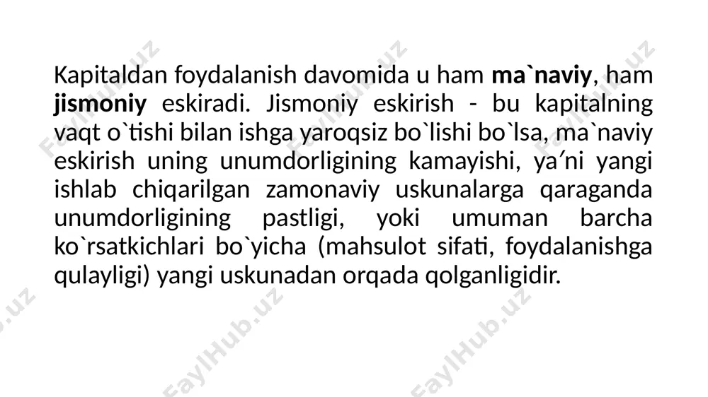 har yerda cheklangan bo`ladi. sifatli, shaharlarga yaqin bo`lgan yerlar yanada ko`proq cheklangan bo`ladi. ma`lumki, yerning hosildorligi yerning sifatiga, ob-havo sharoitiga, suv bilan ta`minlanishi mumkinligiga, unda mehnat qiladiganlarning bilimiga, tajribasiga va foydalaniladigan texnikaga, ekiladigan urug` sifatiga va hokazolarga bog`liqdir. yuqoridagi omillarning ko`pchiligi o`zgaruvchan bo`lib, ularning ta′siri ham o`zgaruvchandir. lekin, qishloq xo`jaligida foydalaniladigan kapitalning va mehnatning o`zgarishi har doim ham bir xil sodir bo`lmaydi. ular odatda ma`lum muddat o`tgandan keyin o`zgaradi. image1.png image2.png image3.png image4.png image5.png /docprops/thumbnail.jpeg