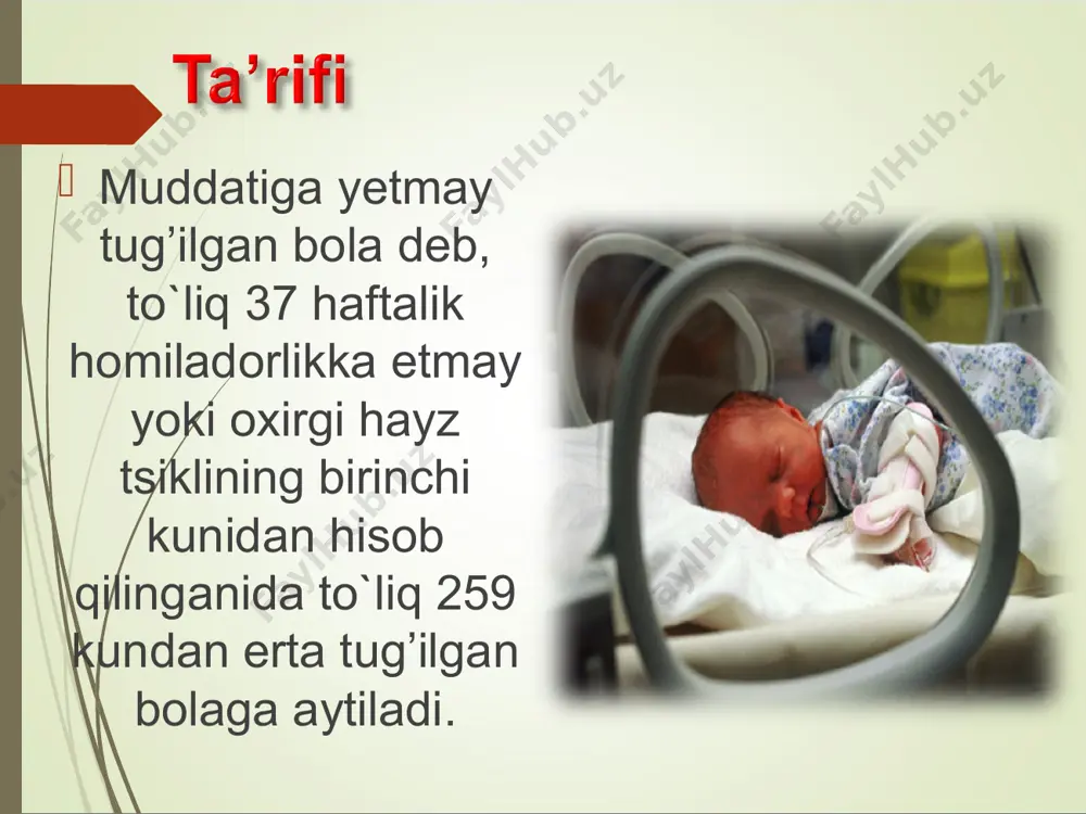 iyatlari. muddatidan oldin tug’ilgan bolalar uchun bo`shashganlik, uyquchanlik, kuchsiz yig’i, mushak tonusining pasayishi, emish refleksining susayishi termoregulyatsiyaning takomillashmagani xos. muddatiga etmay tug’ilgan bolaning nafasi muddatida tug’ilgan bolanikidan minutlik soni ko`pligi va labilligi, nafas harakatlarining yuzakiligi, nafas chuqurligining notekisligi, davomiyligi turlicha respirator pauzalar paydo bo`lishi bilan farq qiladi. apnoe soni (nafasning 10s va ko`proqqa to`xtashi) nafas olish soni o`rta hisobda minutiga 48-52 (36 dan 62 gacha) ni tashkil qiladi. bu gestatsion yosh bilan korrelyatsiya qiladi: gestatsion yosh nechog’lik kam bo`lsa, paradoksal uyqu fazasida nafas shu qadar ko`proq bo`ladi. yangi tug’ilgan bolalarda yurak qon-tomirlar tizimining funktsional xususiyatlari nerv tizimi vegetativ simpatik bo`limining ustunligi bilan ifodalanadi. muddatiga etmay tug’ilgan bolalarda yuqs yangi tug’ilganlik davrida minutiga 140-160 marta uradi, bezovtalikda esa yuqs minutiga 200-220 martaga etishi mumkin. muddatiga yetmay tug’ilgan bolalarda arterial bosimni nazorat qilish intensiv neonatal parvarishning ajralmas qismidan iborat ayrim bolalarda ausqo`l’tatsiyada embriokardiya fenomeni – i va ii tonlar orasidagi pauzalarning davomliligi …