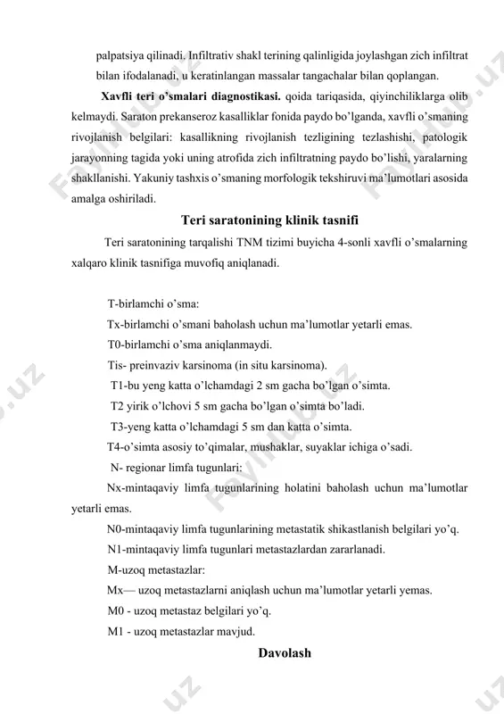 a, so’ngra radiatsiya terapiyasi kursi va operatsiyadan oldingi kursdan keyin amalga oshirilishi mumkin. melanoma melanoma o’zgartirilgan mielotsitlar bilan ifodalangan neyrogen kelib chiqadigan yeng xavfli o’smalardan biridir. bosh terisi va bo’yin sohasida, yonoqda, peshona sohasida va quloq burmalarida ko’proq uchraydi. melanoma 30-50 yoshdagi erkaklar va ayollarda bir xil chastotada uchraydi. o’simta avvaldan mavjud bo’lgan nevuslar va tashqi epidermal melanotsitlarning normal populyatsiyasidan rivojlanadi. melanomaning rivojlanishi radial va vertikal o’sish bosqichlaridan o’tadi. radial fazada o’simta hujayralari epidermis ichida deyarli barcha radial yo’nalishlarda o’sadi. vertikal o’sish bosqichi o’simta hujayralarining dermisning retikulyar qatlamiga, so’ngra teri osti yog’ to’qimalariga kirib borishi bilan tavsiflanadi. aniq klinik morfologik xususiyatga yega bo’lgan melanomalarning uchta shakli mavjud: yuzaki tarqaladigan turi, xavfli lentigo turi va tugunli shakli. · yuzaki tarqaladigan melanoma pushti-kulrang va qora qo’shimchalar bilan jigar rang dog’ga o’xshaydi. shakllanish yuzasida fokal qalinlashuvlar va tugunlar aniqlanadi. pigmentli dog’ning yuzasi binafsha-qizil, ko’k va oq rangga yega bo’ladi. · lentigo-melanoma rivojlanishining boshida …