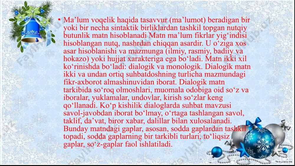 ari, ishonchnomalar, ta'sis shartnomalari va boshqalar kabi huquqiy va sud qo'llanmalariga tegishli. raqamli matnlar raqamli matnlarni alohida ta'kidlash kerak, chunki ular ishlab chiqarish usullari, ommaviy axborot vositalari va targ'ib qilinadigan o'qish usullari tufayli turli darajadagi murakkablikni o'z ichiga oladi. ya'ni, raqamli matnlar turli xil kodlardan foydalanadi, lekin bir xil til tuzilmalarini saqlaydi. shunday qilib, biz raqamli matnlar orqali internetda ishlatiladigan barcha turdagi matnlarni tushunamiz va ular adabiy va adabiy bo'lmagan maqsadlarga ega bo'lishi mumkin (odatiy matnlar kabi), lekin ular bundan ham ko'proq. raqamli matnlar to'g'ridan-to'g'ri ma'lumotni taqdim etish yoki shaxslararo aloqani osonlashtirish bilan cheklanib qolmasdan, qidiruv tizimlarida indeksatsiya, havolalar, dasturlash tillari va hk kabi funktsiyalarni bajaradi. matn komponentlari vazifasida abzats ham keladi. abzats, albatta, tom ma’noda matn sanaladi. biroq u katta matn tarkibida uning komponenti hisoblanadi, chunki matn tarkibidagi fikr tugalligi bir necha abzats sathida beriladi. abzats matn tarkibida, xususan, semantik jihatdan muhim mavqega egadir. buni matnda ifodalanayotgan umumiy xabarning …