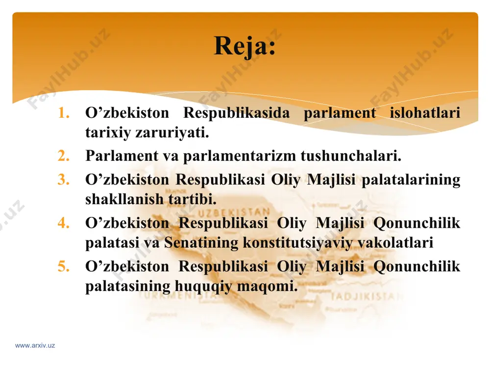 osiy yo’nalishlarini belgilash va davlat strategik dasturlarini qabul qilish; www.arxiv.uz 1995-yil 23-24-fevral kunlari yangi saylangan birinchi chaqiriq o’zbekiston respublikasi oliy majlisining birinchi sessiyasi o’tdi . sessiyada o’zbekiston respublikasi oliy majlisining raisi va to’rt kishidan iborat rais o’rinbosari saylandi. e.h.xalilov oliy majlis raisi, b.i.bugrov , b.a.shodiyeva , a.q.qosimov, qoraqalpog’iston respublikasi vakili- qoraqalpog’iston juqori kengesi raisi u.ashirbekov rais o’rinbosarlari qilib saylandilar , sessiyada mandat komissiyasi tuzildi. birinchi chaqiriq o’zbekiston respublikasi oliy majlisning birinchi sessiyasi www.arxiv.uz www.arxiv.uz mustaqillik yillarida oliy majlisning xalqaro parlamentlar bilan aloqalar o’rnatildi va chuqurlashdi. o’zbekiston milliy parlament guruhi tuzildi. respublikaning parlamentlar aro ittifoq yevropa xavfsizlik va hamkorlik tashkilotining parlament assambleyasi va yevro parlament bilan aloqalar yo’lga qo’yildi. www.arxiv.uz www.arxiv.uz oliy majlis “ o’zbekiston respublikasi oliy majlisining 1996-1999-yillarga mo’ljallagan faoliyat dasturi”ni ishlab chiqdi va respublika parlament huzuridagi amaldagi qonun hujjatlariga monitoring instituti tashkil etildi. www.arxiv.uz www.arxiv.uz oliy majlis qonun loyihalari tayyorlash ishlarini olib borish, oliy majlisga taqdim etiladigan masalalarni dastlabki …