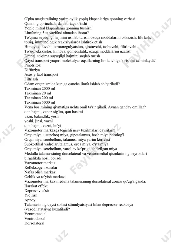 orat? to'qima suyuqligi hajmini ushlab turish, ozuqa moddalarini o'tkazish, filtrlash, to'siq, immunologik reaktsiyalarda ishtirok etish himoya qiluvchi, termoregulyatsion, ajratuvchi, tashuvchi, filtrlovchi to'siq, ekskretor, himoya, gomeostatik, ozuqa moddalarini uzatish drenaj, to'qima suyuqligi hajmini saqlab turish qaysi transport yuqori molekulyar oqsillarning limfa ichiga kirishini ta'minlaydi? pinotsitoz diffuziya asosiy faol transport filtrlash odam organizmida kuniga qancha limfa ishlab chiqariladi? taxminan 2000 ml taxminan 20 ml taxminan 200 ml taxminan 5000 ml vena bosimining qiymatiga uchta omil ta'sir qiladi. aynan qanday omillar? qon hajmi, venoz sig'im, qon bosimi vazn, balandlik, yosh yoshi, jinsi, vazni qon hajmi, vazni, bo'yi vazomotor markazga tegishli nerv tuzilmalari qaysilari? orqa miya, uzunchoq miya, gipotalamus, bosh miya po'stlog'i orqa miya, serebellum, talamus, miya yarim korteksi subkortikal yadrolar, talamus, orqa miya, o'rta miya orqa miya, serebellum, varoliev ko'prigi, cho'zilgan miya medulla talamussining dorsolateral va ventromedial qismlarining neyronlari birgalikda hosil bo'ladi: vazomotor markaz refleksogen zonalar nafas olish markazi ochlik va to'yish markazi …
