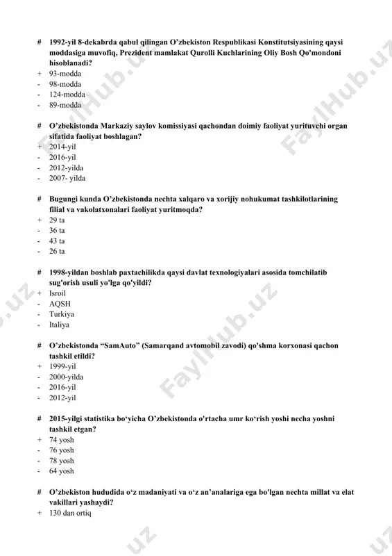 , xorazm, qashqadaryo # 2005-yil – «sihat-salomatlik yili»da qancha yolg‘iz nuroniyning uy-joyi ta’mirdan chiqarildi, kam ta’minlangan oilalar va keksa fuqarolarga moddiy yordamlar ko‘rsatildi? + 2 mingga yaqin - 7 mingga yaqin - 12 mingga yaqin - 9 mingga yaqin # 1992-yil 8-dekabrda qabul qilingan o’zbekiston respublikasining konstitutsiyasining nechanchi moddasida «o‘zbekiston xalqini, millatidan qat’i nazar o‘zbekiston respublikasining fuqarolari tashkil etadi» deyilgan? + 8-modda - 31-modda - 21-modda - 15-modda # yunesko 1995-yil qaysi shaharda «bag‘rikenglik tamoyillari deklaratsiyasi»ni qabul qilgan? + parijda - rimda - berlinda - davosda # shomahmudovlar oilasi haykali qachon «xalqlar do‘stligi maydoniga qaytarildi»? + 2018-yil - 2016-yil - 2012-yil - 2009-yil # 2007-yili aysesko tomonidan qaysi shaharga « islom madaniyati poytaxti» maqomi berildi? + toshkentga - samarqandda - buxoroda - xivada # bugungi kunda respublikada nechta diniy konfessiya mavjud? + 16 ta - 18 ta - 23 ta - 31 ta # 2017-yilda imom buxoriy xalqaro ilmiy-tadqiqot markazi …
