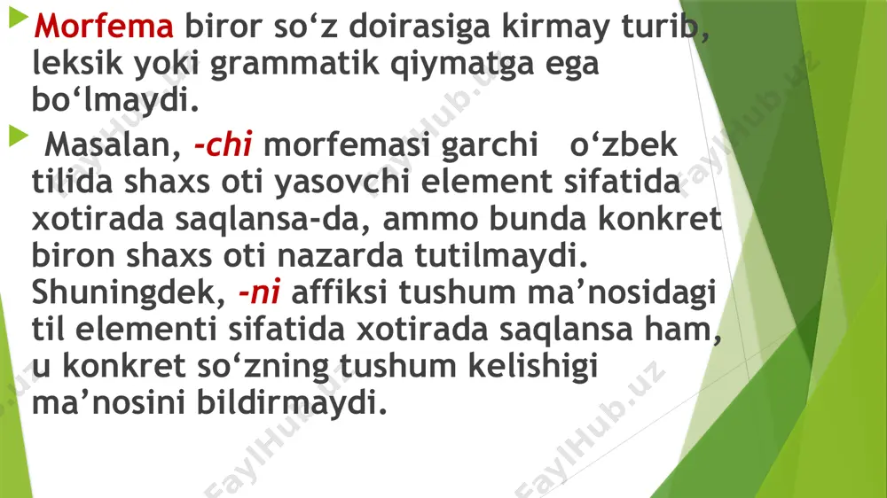 cha deyiladi: taro-q, tirno-q; tosh-qin, yon-g‘in, qir-g‘in; mehnat-kash, chizma-kash; ek-in, yig‘-in, tug-un. unumsiz qo‘shimcha hozirgi o‘zbek tilida yangi so‘z yasash xususiyatini yo‘qotgan qo‘shimchalar unumsiz qo‘shimcha deyiladi. bu qo‘shimchalar o‘zbek tilida ma’lum davrlarda yangi so‘zlar yasash uchun xizmat qilgan bo‘lsa ham, hozirgi vaqtda tilda sanoqli so‘zlar tarkibidagina saqlanib qolgan: qoro-vul, dard-chil, ep-chil, yugur-dak, kekir-dak kabilar. so‘z yasovchilarning asosiy qismini o‘zbek tilining o‘z qo‘shimchalari tashkil qiladi. shu bilan birga, o‘zbek tilida boshqa tillardan o‘zlashgan yasovchilar ham qo‘llanadi. -don, -dor, -kor, -zor, -shunos, ser-, no- kabilar tojik tilidan o‘zlashgan. bu yasovchilar dastlabki vaqtlarda tojik tilidan qabul qilingan so‘zlar tarkibida qo‘llangan bo‘lib, keyinchalik so‘z yasash vositasi sifatida o‘zbek tilidagi so‘zlarga ham qo‘shilib, yangi so‘z yasash vazifasini o‘tay boshladi: tuz-don, kul-don, salmoq-dor, olma-zor, uzum-zor, til-shunos, tuproq-shunos, paxta-kor, ser-suv, no-o‘rin kabi. rus tilidan qabul qilingan realist, redaksiya, student, aspirant, direktor singari so‘zlar tarkibidagi –ist, -izm, -tsiya, -ant (-ent), -tor kabilar o‘zbek tilida so‘z yasovchi qo‘shimchalar qatoriga …