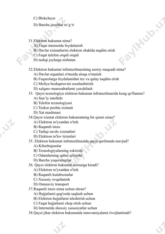 h tizimlari. b) ekspert tizimlari. с) geografik axborot tizimlari. d) qaror qabul qilishni qo‘llab-quvvatlash tizimlari. 48. bulutli texnologiya nima? a) tashqi serverlarda ma’lumotlarni saqlash. b) tarmoq orqali ma’lumotlarni uzatish usuli. с) lokal kompyuterda ishlaydigan dastur. d) operatsion tizim turi. 49. katta maʼlumotlar haqidagi quyidagi fikrlardan qaysi biri toʻgʻri? a) katta ma’lumotlar kichik, ammo qimmatli ma’lumotlardir. b) katta ma’lumotlarni oddiy kompyuterlar yordamida qayta ishlash mumkin emas. с) katta ma’lumotlardan ko’proq asosli qarorlar qabul qilish uchun foydalanish mumkin. d) katta ma’lumotlar har doim tuzilgan. 50. sun’iy intellekt nima? a) kompyuterning inson aql-zakovati talab qilinadigan vazifalarni bajarish qobiliyati. b) “robot” atamasi bilan sinonim. с) o’rganish mumkin bo’lgan dastur. d) yuqoridagilarning barchasi. 51. axborot-kommunikatsiya texnologiyalari (akt) nimani anglatadi? a) faqat kompyuterlar va internetni b) ma’lumotlarni yaratish, saqlash, ishlatish va tarqatish uchun mo‘ljallangan barcha apparat va dasturiy vositalar с) faqat mobil telefonlar va ijtimoiy tarmoqlar d) radio va televideniye 52. akt jamiyat rivojida qanday rol …