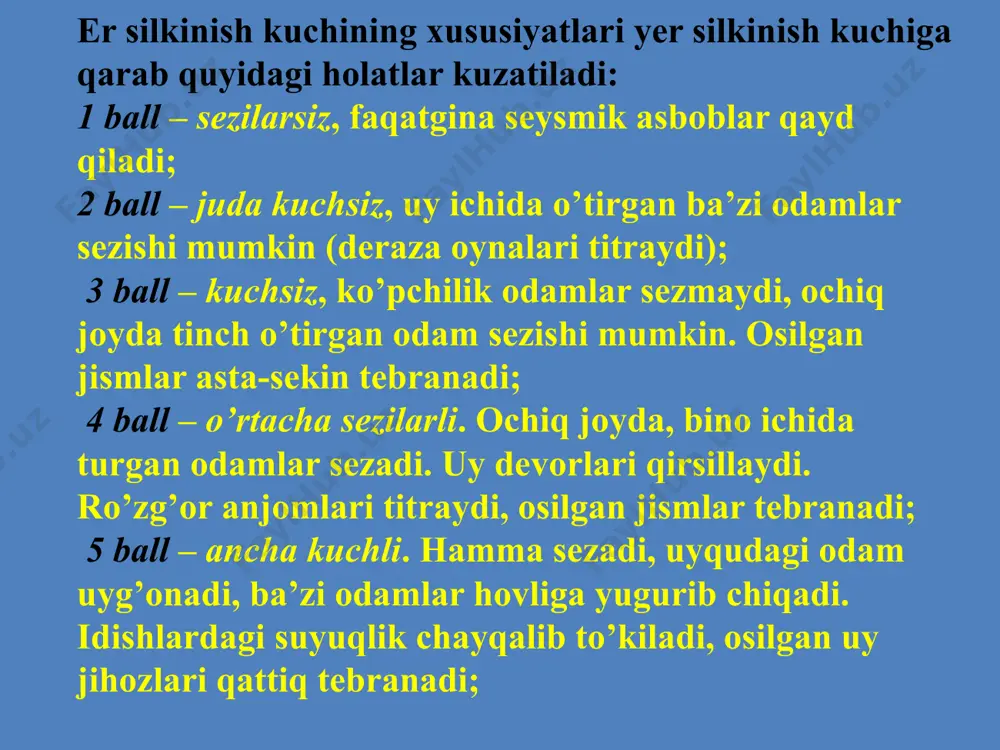 t zilzilasining izoseysta xaritasi va seysmogrammalari tasvirlangan. 1. mamlakatimizda sodir bo’lgan kuchli zilzilalar oqibatlari. 7.2- rasm. toshkent zilzilasi izoseystasi (a) va seysmogrammalari (b): 1 – 26.iv.66 yil, 2 - 28.iv.66 yil, 3 - 10.v. 66 yil. 1. mamlakatimizda sodir bo’lgan kuchli zilzilalar oqibatlari. zilziladan so‘ng bir hafta mobaynida 240 ta after-shok (takroriy qimirlash) sodir bo‘ldi. bular-ning eng kuchlisi 10 mayda ro‘y berdi; kuchi 7 ball, man- ba chuqurligi 2–3 km. shahap markazida o‘sha kez- larda 1-2 qavatli xom g‘ishtdan qurilgan imoratlar juda ko‘p edi. g‘ishtlar asosan loy bilan terilib, ko‘p binolarda antiseysmik choralar qo‘lla-nilmagandi. garchi devorlarning qulash hodisasi kam uchragan bolsada, biroq devorlarda og‘ma va gorizontal kori- nishda katta yorilish va darzlar paydo bo‘lgan. og‘- ir karniz, parapet panjara us-tunlari singari eleme-ntlar jiddiy shikastlangan, ba’zilari qulab tushgan. 1. mamlakatimizda sodir bo’lgan kuchli zilzilalar oqibatlari. 8 balli hududda pishiq g‘ishtdan qurilgan binolar ham jiddiy shikastlangan. bo‘ylama va ko‘ndalang devorlarning bir-biridan ajralish …