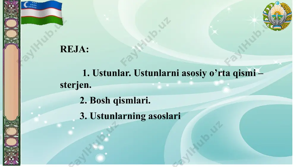 tunning egiluvchanligi  shartni qanoatlantirishi lozim. ruxsat etilgan egiluvchanlik asosiy ustunlar uchun  120, yordamchi ustunlar uchun  150 bo’lishi kerak. строительные конструкции лекция №9 ustun kesimlari строительные конструкции лекция №9 2. ustunlarning bosh qismlari. ustunning bosh qismi ustundan yuqorida joylashgan konstruktsiyalar uchun tayanch bo’lib xizmat qiladi va tushadigan yukni ustunning sterjen kesimi bo’ylab tekis tarqatadi. ustunlar to’sinlar bilan sharnirli yoki bikir tutashtirilgan bo’lishi mumkin. sharnirli tutashishda odatda to’sin ustunning ustiga qo’yiladi. bu holda ustunning bosh qismi plita va uni ushlab turib, yukni ustun sterjeniga uzatuvchi qovurg’alardan iborat bo’ladi. bu holda ustunga yuk to’sinlarning yo’nalgan qirrali tayanch qovurg’alari orqali uzatiladi, bosh qismining plitasi pastdagi qovurg’alar yordamida ushlab turiladi. qovurg’aning balandligi shu qovurg’aning tarmoqlarga yoki devorgacha mahkamlaydigan payvand choklar uzunligi bo’yicha aniqlanadi; строительные конструкции лекция №9 ustunning tepa qismi строительные конструкции лекция №9 3.ustunlarning asoslari. ustunning asoslari sterjendan kelgan yukni poydevorga bir tekis taqsimlashga hizmat qiladi. ustun asoslari uch xil bo’lishi …