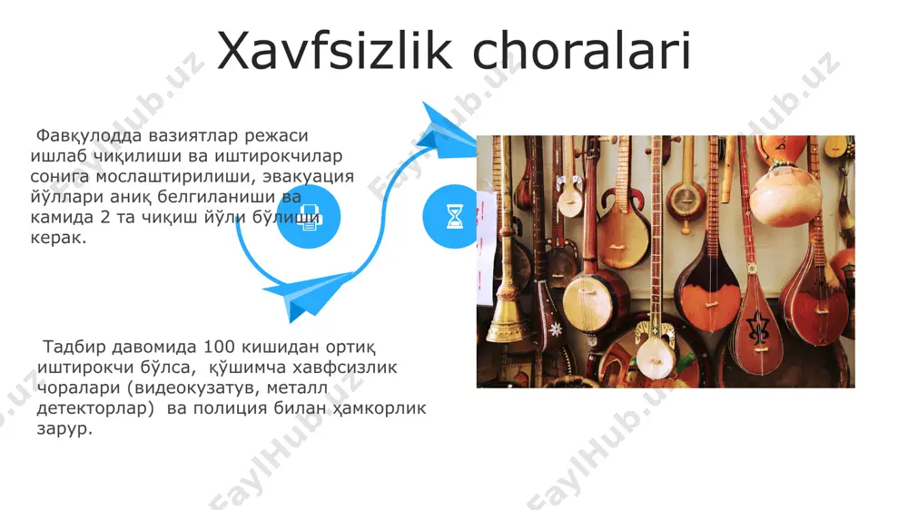 ma'lumotlarini to'plang. musiqiy asboblar va texnika musiqiy bayramlarni tashkil qilishda 10 dan ortiq turdagi musiqa asboblarini, shu jumladan, simli, nafasli va zarbli asboblarni, shuningdek, professional audio texnika – 5.1 akustika tizimlari va 1000 vt dan ortiq quvvatga ega kuchaytirgichlardan foydalanish kerak bo'lishi mumkin. konsert maydonchasini to'g'ri jihozlash uchun kamida 20 dona professional mikrofondan, simsiz va simli, shuningdek, aralashtirgich (mixer) va audio monitorlar kabi texnik vositalardan foydalanish tavsiya etiladi. musiqachilar uchun sahna orqasida 5 ta alohida xona tayyorlash kerak. e'tiboringiz uchun rahmat @taqdimot_robot image5.jpg image6.jpg image7.jpg image8.jpg image9.jpg image10.jpg image11.jpg image12.jpg image13.jpg image14.jpg image15.jpg image16.jpg image17.jpg image18.jpg image19.jpg image20.jpg image1.jpeg image2.jpeg image3.jpeg image4.jpeg