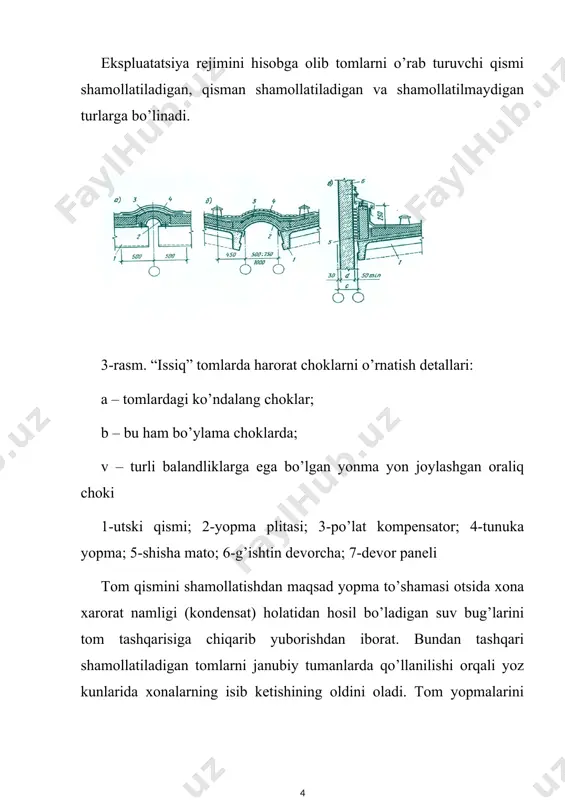riga tushadigan yukni harakteri va kattaligi, tsex ichidagi ko’tarish jihozlarini turi, hamda tomni turiga qarab olinadi. bundan tashqari qurilish tumani, yopma tagiga joylashtiriladigan tarmoqlar va ishlab chiqarishdan ajralib chiqayotgan zaharli moddalarga bog’liq. yopmalarni yuk ko’taruvchi qismi asosan stropil tuzilmalaridir. agar ustunlar qadami stropil tuzulmalar qadamidan oshsa, stropila tagi tuzilmalari qo’llaniladi. stropila tagi tuzilmalari ustunlarga (bo’ylama yo’nalishda) qo’yiladi va ularga stropila tuzilmasi tayanadi. yopmalar yuk ko’taruvchi tuzilmalari temirbeton, metall, yog’och va aralash (metall: yog’och, temir: temirbeton) bo’lishi mumkin. aralash yuk ko’taruvchi tuzilmalar keng qo’llaniladi, chunki uni siqilishga ishlaydigan elementlari temirbeton yoki yog’och materiallardan, cho’zilishiga ishlaydiganlari metalldan qilinadi. temirbeton stropil va stropil tagi to’sin va fermalar 26 rasmda ko’rsatalgan. rasm 6. yopmalarning temirbeton to’sinlari a,g—tekis va bir qiyali yopmalar uchun qo’shtavr kesimli stropil to’sini, b—shuni o’zi ikki va ko’p qiyali yopmalar uchun, v—qiya yopmalar uchun teshikli stropila to’sini, d—stropila osti to’sini, ye,j—stropila to’sinlarini ustunlarga mahkamlanishi, z—stropila to’sinlarini stroiila osti to’sinlariga tayanishi: 1—ustun, …