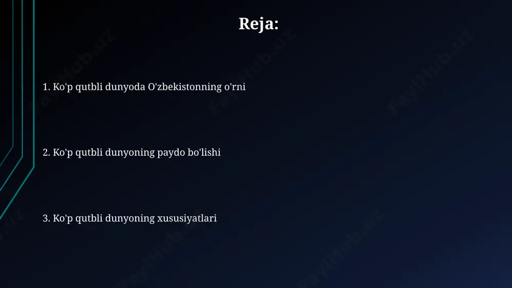 ayib bormoqda, bu esa koʻp qutbli dunyo tizimining asosiy xususiyatlaridan biridir. 2023-yilga kelib, jahon iqtisodiyotida 5 ta yirik iqtisodiy kuch — aqsh, xitoy, yaponiya, germaniya va buyuk britaniya hukmronlik qilmoqda, bu esa koʻp qutbli dunyo tartibi shakllanishini tezlashtirmoqda. koʻp qutbli dunyoda oʻzbekistonning oʻrni mamlakatning 30 dan ortiq mamlakat bilan diplomatik aloqalari va 2023-yilda amalga oshirilgan 10 milliard dollardan ortiq toʻgʻridan-toʻgʻri xorijiy investitsiyalar koʻp qutbli dunyoda iqtisodiy hamkorlikni rivojlantirishga hissa qoʻshadi. oʻzbekistonning geosiyosiy oʻrni markaziy osiyoda 5 ta davlat orasida muhim ahamiyatga ega boʻlib, xitoy, rossiya va eron kabi yirik davlatlar bilan chegaradoshligi tufayli koʻp qutbli dunyoda muvozanatni saqlashda rol oʻynaydi. oʻzbekistonning mintaqaviy tashkilotlar, jumladan, shanxay hamkorlik tashkiloti va mustaqil davlatlar hamdoʻstligi doirasidagi faol ishtiroki, 20 dan ortiq bitim va kelishuvlar orqali koʻp qutbli dunyoda mintaqaviy barqarorlikni mustahkamlashga xizmat qiladi. iqtisodiy tengsizlik жаҳон банкининг 2023 йилги ҳисоботига кўра, ўзбекистондаги даромадлар тенгсизлиги коэффициенти 0,35 ни ташкил этиб, бу марказий осиё давлатлари ўртасида …