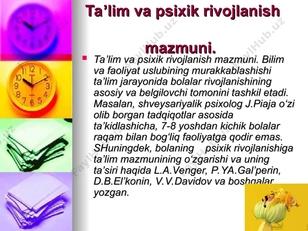 aloqani belgilab beradi. mazkur ikki taraf orasidagi munosabatlarning o‘zgarishi keyingi yosh bosqichlariga o‘tishning muhim ichki asosi («harakatlantiruvchi kuch»)ni tashkil etadi. bola yashash sharoiti, tarbiya va ta’lim olish sharoitining o‘zgartirilishi rivojlanishning yosh davrlari almashinuvini belgilovchi muhim omildir. so‘nggi vaqtlarda yosh va pedagogik psixologiyada ko‘proq pedagogik mezonlarga asoslangan davrlashtirish qo‘llanilmoqda. maktabgacha yosh go‘daklik (3 yoshgacha) – yasli; bog‘chaning kichik guruhi – uch yosh; bog‘chaning o‘rta guruhi – to‘rt yosh; bog‘chaning katta guruhi – besh yosh; bog‘chaning tayyorlov guruhi – olti yosh. maktab yoshi kichik (1-4-sinf) – boshlang‘ich maktab – 7-10 yosh; o‘rta (5-9-sinf) – o‘rta maktab – 11-15 yosh; katta(10-12-sinf) – akademik lisey yoki maxsus ta’limda – kasb-hunar kollejlar – 16-18 yosh.