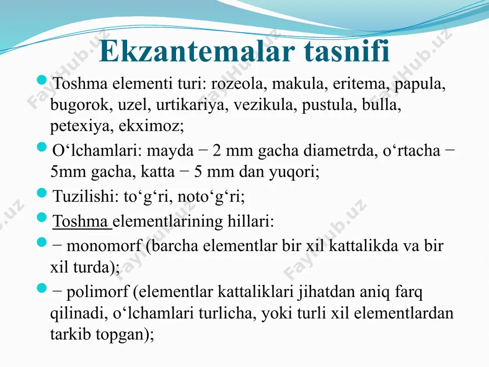 o‘ladi 6. bo‘rtma (tubercula) - dermaning yallig‘lanish xarakteridagi bo‘shliqsiz elementi – granulema bo‘lib, papuladan terida doimo aniq qattiq infiltrat paypaslanishi bilan farqlanadi. aniq chegaraga ega, papuladan farqi nekrozga uchrab, yara hosil bo‘ladi va chandiq qoladi. yuqumli kasalliklardan teri leyshmaniozida, mikozlarda bo‘ladi, boshqa kasalliklarda zaxm va silda uchraydi. 7. tugun – (nodus)- teri osti kletchatkasida va dermaning qalin qismida joylashgan, granulematoz yallig‘lanish hisobiga paydo bo‘lgan chegaralangan qattiqlanish. o‘tkir va surunkali bo‘ladi o‘tkir tez yo‘qolib ketadi. surunkalisi chuqur joylashib yaraga aylanadi va chandiq hosil bo‘ladi. (leproz tugunlari, sifilitik gummalar) 8. pufak – (urticas)- ekssudativ bo‘shliqli element. terining so‘rg‘ich qavatini chegaralangan shishi. element qizil va och pushti rangli tez paydo bo‘ladi, bir necha daqiqa yoki soat saqlanib va tez izsiz yo‘qoladi, qichishish bilan kechadi. zardob kasalligida va allergik reaksiyalarda kuzatiladi. 9. pufakcha – (vesicula) – bo‘shliqli element epidermis qavatida rivojlanadi, tiniq suyuqlik saqlaydi,bir kamerali. atrofi giperemiyalangan va markazida kindiksimon botiq bo‘ladi. pufakcha yorilib …