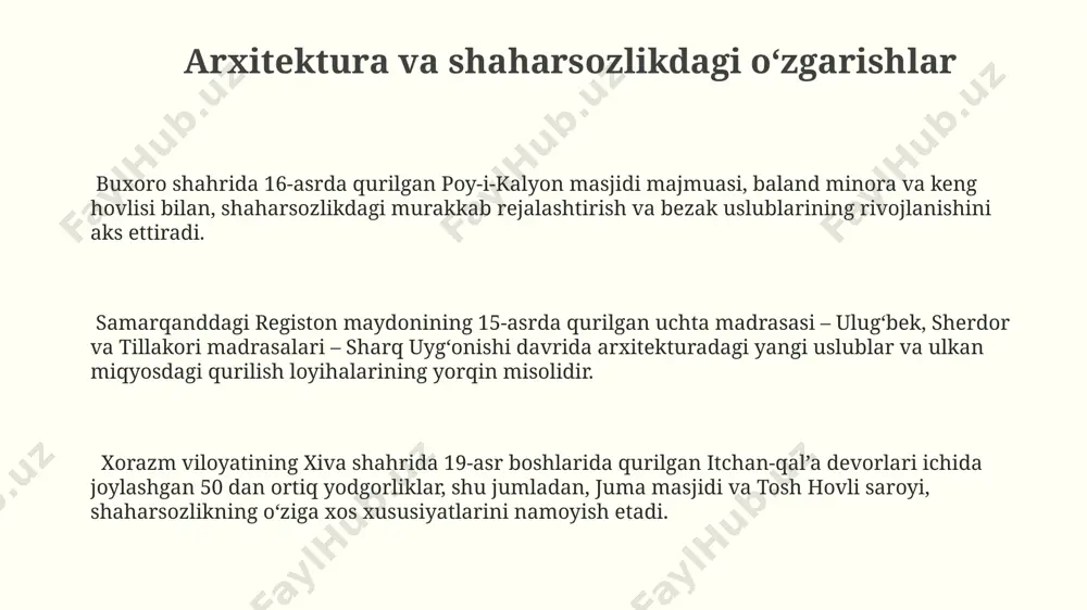 gʻonishi davrida diniy matnlarning koʻplab nusxalari, jumladan, qurʼonning 500 dan ortiq qoʻlyozmalari, buxoro va xiva kabi yirik shaharlardagi kutubxonalarda saqlangan va ilmiy tadqiqotlar uchun foydalanilgan. uygʻonish davrining merosining hozirgi zamon uchun ahamiyati uygʻonish davri adabiyoti va falsafiy asarlarining 15-16-asrlardagi samarqand, buxoro kabi shaharlardagi intellektual muhitga taʼsiri bugungi kunda ham oʻzbek adabiyoti va falsafiy fikrining rivojlanishiga ilhom beradi. uygʻonish davri davrida yaratilgan 500 dan ortiq qo'lyozmalar va kitoblar bugungi kunda jahon kutubxonalarida saqlanib, o'rta osiyo madaniyatining boy tarixini o'rganish uchun qimmatli manba hisoblanadi. uygʻonish davri meʼmorchiligi, masalan, registon maydoni va gur-e-amir maqbarasi kabi inshootlarning 1000 yildan ortiq davom etgan mustahkamligi zamonaviy qurilish texnologiyalariga ilmiy yondashuvni o'rgatishda muhim rol o'ynaydi. sharq uygʻonishining ijtimoiy-madaniy sharoitlari uygʻonish davri adabiyotining rivojlanishi, navoiy va xorazmiy kabi buyuk shoirlarning asarlari orqali 50 dan ziyod yangi sheʼriy janrlarning paydo boʻlishiga sabab boʻldi. 16-asrda, markaziy osiyoda qoʻllanilgan yangi chop etish texnologiyalari, 500 dan ortiq qoʻlyozmalarni koʻpaytirib, bilimning keng tarqalishini …