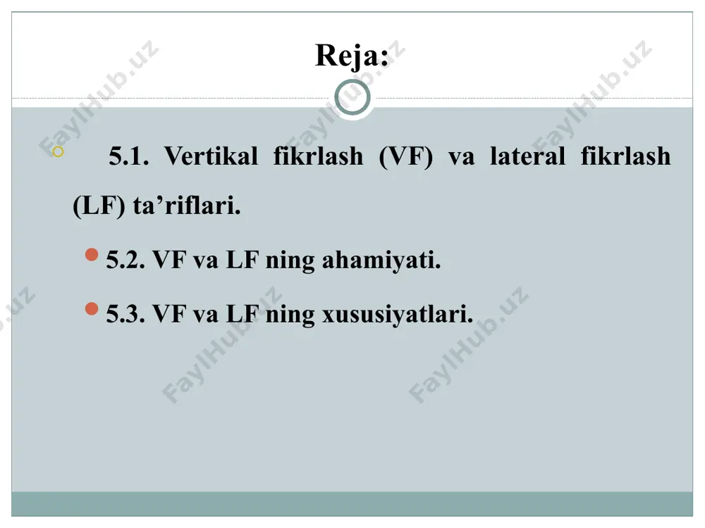 ingan, ammo qarorni qabul qilish qiyin; lateral fikrlash xususiyatlari: g’oyalarni yaratish, maqsadga alternativalarni topishga qaratilgan; turli xil imkoniyatlarni topishdan manfaatdor. baholash yoki qaror qabul qilishdan manfaatdor; g’oyani himoya qilishni yoqtirmaydi, hatto u haqiqat bo’lsa ham. ushbu g’oya hali ham takomillashtirilmagan deb taxmin qilinadi; yaxshi g’oya yaratish imkoniyatiga ega bo’lish uchun bunday yaxshi g’oyani topishga qiziqish bildiradi; hech qachon hukm qilinmaydi. qat’iylikni noto’g’ri deb hisoblaydi. lateral fikrlash ongning axborotlar bilan muomalasi bilan bevosita bog’liqdir; qadimgi g’oyalar, yangi g’oyalar va tushunchalarni yaratish turlarini o’zgartirish yoki konsepsiya qamoqxonalaridan chiqish bilan bog'liq kreativlik bilan chambarchas bog’liq. garchi ijodkorlik ko’pincha natija tavsifiga ega bo’lsa-da, lateral fikrlash jarayonning tavsifidir. vertikal va lateral fikrlashning o’ziga xos namunasi xulosa e’tiboringiz uchun tashakkur!!!