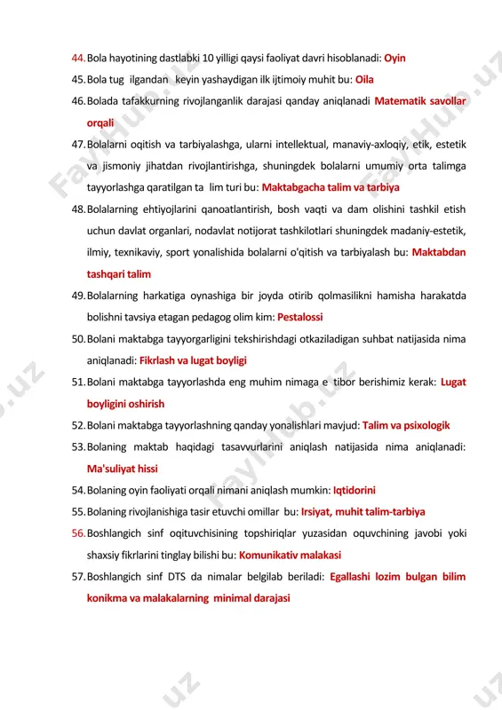 ingdek bolalarni umumiy o�rta ta�limga tayyorlashga qaratilgan ta�lim turi bu: maktabgacha ta�lim va tarbiya 48. bolalarning ehtiyojlarini qanoatlantirish, bo�sh vaqti va dam olishini tashkil etish uchun davlat organlari, nodavlat notijorat tashkilotlari shuningdek madaniy-estetik, ilmiy, texnikaviy, sport yo�nalishida bolalarni o'qitish va tarbiyalash bu: maktabdan tashqari ta�lim 49. bolalarning harkatiga o�ynashiga bir joyda o�tirib qolmasilikni hamisha harakatda bo�lishni tavsiya etagan pedagog olim kim: pestalossi 50. bolani maktabga tayyorgarligini tekshirishdagi o�tkaziladigan suhbat natijasida nima aniqlanadi: fikrlash va lug�at boyligi 51. bolani maktabga tayyorlashda eng muhim nimaga e�tibor berishimiz kerak: lug�at boyligini oshirish 52. bolani maktabga tayyorlashning qanday yo�nalishlari mavjud: ta�lim va psixologik 53. bolaning maktab haqidagi tasavvurlarini aniqlash natijasida nima aniqlanadi: ma'suliyat hissi 54. bolaning o�yin faoliyati orqali nimani aniqlash mumkin: iqtidorini 55. bolaning rivojlanishiga ta�sir etuvchi omillar bu: irsiyat, muhit ta�lim-tarbiya 56. boshlang�ich sinf o�qituvchisining topshiriqlar yuzasidan o�quvchining javobi yoki shaxsiy fikrlarini tinglay bilishi bu: komunikativ malakasi 57. boshlang�ich sinf dts da …