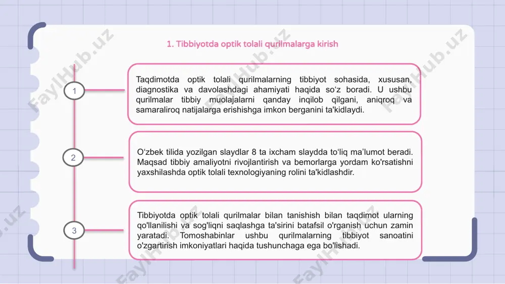 gan ko'plab afzalliklarni taklif etadi. optik tolali qurilmalardan foydalanish bilan tibbiyot mutaxassislari kasalliklar va sharoitlarni aniq tashxislashi mumkin, bu esa bemorning natijalarini yaxshilashga olib keladi. 5. tibbiy muolajalarda optik tolali qurilmalarning afzalliklari zamonaviy tibbiyotda optik tolali qurilmalar hal qiluvchi rol o'ynaydi. ular tibbiy muolajalarda ko'plab afzalliklarga ega bo'lib, ularni sog'liqni saqlashda muhim vositaga aylantiradi. yorug'lik signallarini uzatish qobiliyati bilan optik tolali qurilmalar aniq tasvirlash va aniq tashxis qo'yish imkonini beradi. tibbiy muolajalarda optik tolali qurilmalarning asosiy afzalliklaridan biri ularning moslashuvchanligidir. ularni osonlikcha manevr qilish va tananing borish qiyin bo'lgan joylariga kiritish mumkin, bu minimal invazivlikni ta'minlaydi va bemorning noqulayligini kamaytiradi. bu moslashuvchanlik, shuningdek, aniqroq operatsiyalar va muolajalarni amalga oshirish imkonini beradi. bundan tashqari, optik tolali qurilmalar tibbiy muolajalar paytida real vaqt rejimida monitoring va aloqani ta'minlovchi yuqori ma'lumotlarni uzatish qobiliyatiga ega. bu sog'liqni saqlash xodimlariga zudlik bilan ongli qarorlar qabul qilish va bemorning natijalarini optimallashtirish imkonini beradi. tibbiyotda optik tolali …
