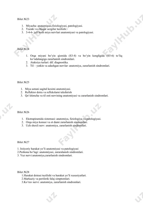porajeniya perednix i bokovix rogov spinnogo mozga na urovne s8-th1. 7. orqa miyani koʼndalang kesimi yarmi va yon ustun zararlanish sindromlari. 8. miya ustuni sagital kesimi anatomiyasi. 9. miyacha chuvalchangi va yarim sharlari zararlanish sindromlari. 10. ekstrapiramida sistemasi: anatomiya, fiziologiya va patologiyasi. 11. orqa miyani koʼkrak boʼlimi va miya konusini toʼliq koʼndalangiga zararlanishi. 12. orqa miya konusi va ot dumi zararlanish sindromlari. 13. pallidar sistema zararlanish sindromlari. 14. koʼruv doʼmbogʼi, ichki kapsula: anatomiyasi, patologiyasi. 15. koʼruv nervi: anatomiya, zararlanish sindromlari. 16. peshona boʼlagi: anatomiyasi, zararalanish sindromlari. 17. chakka boʼlagi: anatomiyasi, fiziologiya vapatologiyasi. 18. ensa boʼlagi: anatomiya, fiziologiya, patologiyasi. 19. tepa boʼlagi: anatomiyasi, fiziologiya vapatologiyasi. 20. miyacha: anatomiyasi, fiziologiya va patologiyasi. 21. ixtiyoriy harakat yoʼli anatomiyasi va patologiyasie 22. koordinator doira: anatomiyavapatologiyasi. 23. elka chigali: anatomiyazararlanish sindromi. 24. ekstrapiramida sistemasi: anatomiya, fiziologiya va patologiyasi, 25. pallidar sistemani zararlanish sindromlari. 26. ichki kapsula va koʼruv doʼngligini zararlanish sindromi. 27. hidlov nervini anatomiya, …
