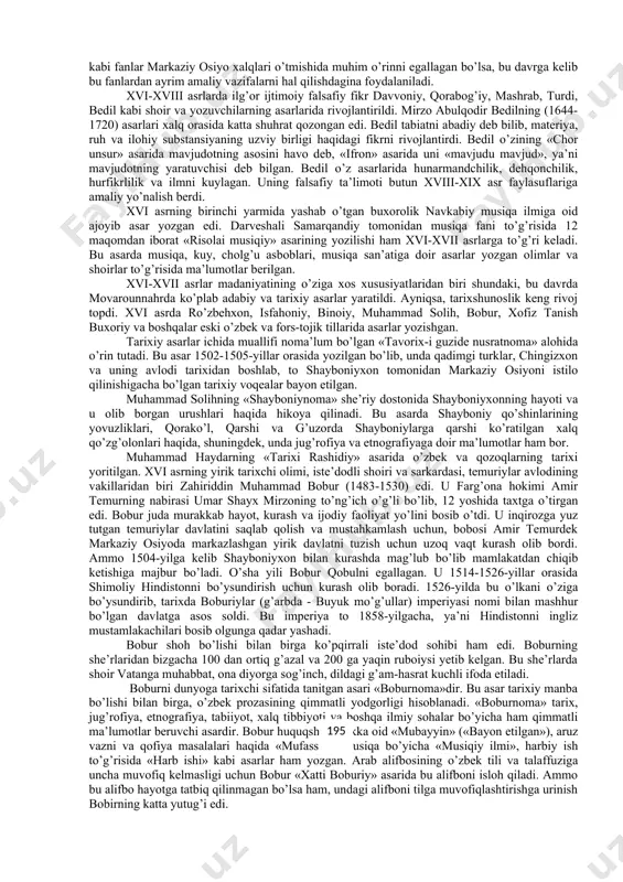 aganlar, mudarrislik qilganlar. hisob-kitob, she’r o’qish san’ati, musiqa kabi maxsus ilmlar madrasadan tashqarida o’qitilgan. madrasa tinglovchilari uch guruhga – quyi, o’rta va yuqori guruhlarga bo’linib, har bir guruhda 8 yil o’qishar edi. madrasalarda islom dini ruhoniylari tayyorlanar edi. bu davrda fanning bir qator tarmoqlari keng rivojlanadi. masalan, tibbiyot sohasida katta siljishlar ro’y beradi. 1541 yilda muhammad husayn ibn al mironi as-samarqandiy tibbiy dorishunoslik risolasi yozib, unda shifobaxsh o’simliklar, dori tayyorlash va saqlash sirlarini suratlar bilan ko’rsatib beradi. xvi asrning yana bir tabibi sultonali xo’jandiy «dastur ul-iloj» asarini yozgan va unda kasalliklarni davolash to’g’risida maslahatlar berilgan. bu davrda yusuf tabibiyning «jome al-favoid» («foydali ma’lumotlar to’plami») degan asari ham keng tarqalgan edi. tibbiyotning rivojlanishi yirik shaharlarda shifoxonalar (darushshifo), subhonqulixon davrida esa maxsus shifoxona madrasasi va tibbiyot kutubxonasi tashkil etiladi. xvi asrning mashhur olimi amin ahmad roziy bizgacha yetib kelgan «haft iqlim» («yetti iqlim») nomli jo’g’rofiy asarini (1594 y.) yozadi. u shahar va …