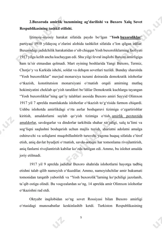 mir hukumati tomonidan tarqatib yuborildi va “yosh buxorolik”larning ko‘pchiligi jazolanib, ta’qib ostiga olindi. bu voqyealardan so‘ng, 14 aprelda amir olimxon islohotlar o‘tkazishni rad etdi. oktyabr inqilobidan so‘ng sovet rossiyasi bilan buxoro amirligi o‘rtasidagi munosabatlar keskinlashib ketdi. turkiston respublikasining bolsheviklardan iborat rahbariyati buxoro amirligining mustaqilligini rasman tan olishiga qaramay, amalda uning ichki ishlariga doimiy ravishda aralashib turdi. bu paytga kelib “yosh buxoroliklar” partiyasi ichida turli guruhlarning mavjudligi, qarashlarining xilma-xilligi tufayli partiyaning yagona dasturini tuzishga ehtiyoj paydo bo‘ldi. “yosh buxoroliklar” partiyasining markaziy komiteti bu vazifani 1917 yil noyabrida fitratga topshirdi. abdurauf fitrat tomonidan tayyorlangan “yosh buxoroliklar” partiyasining dasturi 1918 yil yanvarida partiyaning markaziy komiteti tomonidan tasdiqlandi va islohot loyihasi sifatida e’lon qilindi. ushbu dasturda buxoro amirligida konstitutsion monarxiya o‘rnatish, buxoroning iqtisodiy, siyosiy va harbiy mustaqilligini ta’minlash, madaniy taraqqiyotga erishish, dehqonchilik va soliq tizimiga alohida e’tibor qaratish, buxoroda zamonaviy armiyani tashkil etish, ikki yillik majburiy harbiy xizmatni joriy etish, davlat hisobidan maktablar va …