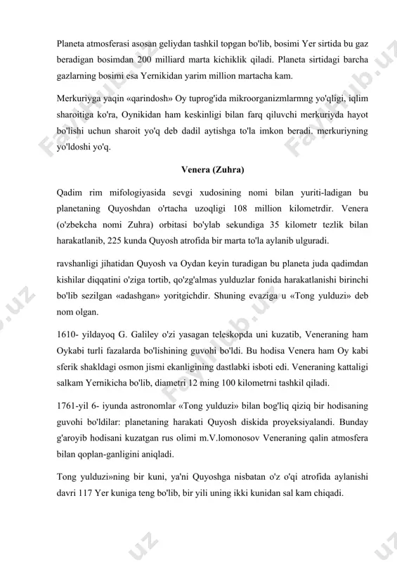 hiqadi. planeta atmosferasining kimoviy tarkibi, bosimi va tempera-turasiga tegishli aniq ma'lumotlar bu planetaga « sayohat» qilgan sobiq ittifoq va aqsh planetalararo avtomatik stansiyalari yorda​mida olindi. birinchi bo'lib, 1961- yili 12- fevralda, veneraga sobiq ittifoqning «venera-1» avtomatik stansiyasi yo'l olib, 97-kuni u planetadan 100 ming kilometr naridan o'tdi. veneraning yerga yaqin kelgan holatlarida ungacha masofa 40 million kilometrdan kam bo'lmasligini e'tiborga olsak, «venera-1» planetamiz «qo'sh-nisi»ga qanchalik yaqin borganini tasavvur etish qiyin bo'lmaydi. 1967-yilda uchirilgan «venera-4» stansiyasida esa birinchi marta qo'ndiriluvchi apparat ishga tushirildi. bu apparat planeta atmosferasining 25 kilometrli qalin qatlamini o'tish paytida planeta atmosferasiga tegishli ma'lumotlarni yerga uzatib turdi. shuning​dek, bu apparatga o'rnatilgan magnitometr yordamidagi o'tkazilgan o'lchashlar venerada magnit maydon deyarli yo'qligini ma'lum qildi. 1970- yilda uchirilgan «venera-7» ning qo'ndiruvchi apparati muvaffaqiyat bilan venera sirtiga ohista qo'ndirildi va 23 minut davomida undagi atmosferaning bosimi, temperaturasi va tarkibiga tegishli ma'lumotlarni o'lchab turdi. 74- rasm. veneraning «venera-9» va «venera-10» ka lari tomonidan …