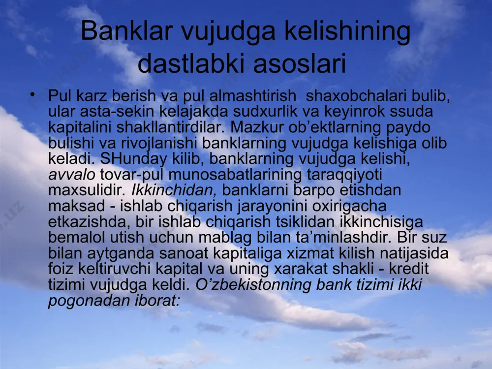 xisoblanadi. ular kimmatli qogozlar bozorida moliya-kredit tashqilotlari orkali zayomlar chikarib, pul mablaglarini tuplashni bajaradi, safarbar kiladi. banklarning iqtisodiyotni boshkarishdagi roli. markaziy bank boshka tijorat banklarga ssudalar beradi. markaziy bank juda past darajadagi foizlarda banklarga ssudalar beradi. bu banklardagi rezerv pullarning mikdorini kupaytirib yuboradi. pul-kredit tizimida va mamlakat pul mikdori xajmida kupayish vujudga kelib, foiz stavkalari pasayadi, investitsiya xajmi usadi. markaziy bank pul taklifini bajaradi. davlat markaziy bank bilan pul-kredit tizimidagi rezervlar mikdorini uzgartirish bilan xam pulning taklif va talabiga ta’sir etadi. rezervlar mikdori usishi pul taklifini kiskartiradi, aksincha, banklarning rezervlardagi pul mikdorini kamaytirish siyosati pul taklifining usishiga sabab buladi. shunday kilib, xar bir davlat turli yullar bilan uzining ichki va tashqi siyosatida pul-kredit tizimiga ta’sir etib, yoki boshka tadbirlar bilan milliy valyuta barkarorligini ta’minlashga xarakat kiladi. o’zbekiston xukumati milliy valyutani mustaxkamlash uchun turtta aloxida dasturlar tuplamini ishlab chikdi va uni amalga oshirish uchun xarakat kilmokda: birinchi tadbir o`zbek valyutasi barkarorligini …