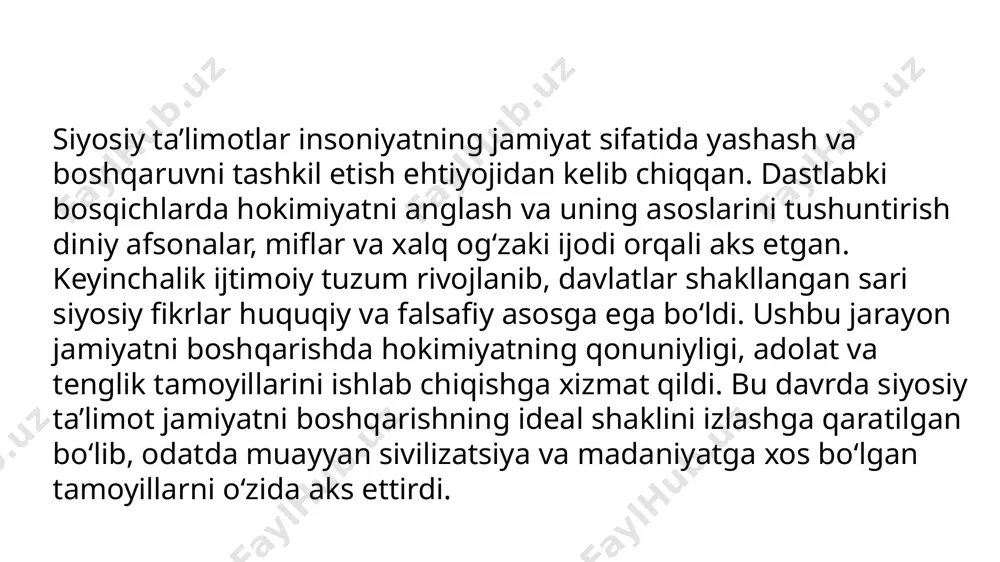 turlarga ajratgan va har birining afzallik va kamchiliklarini ko‘rsatgan. rim respublikasida siyosiy tuzum xalq majlislari, senatorlar va konsullarning muvozanatiga asoslangan. rim huquqi davlat boshqaruvi, mulkiy munosabatlar va fuqarolik masalalarida zamonaviy qonunlarning poydevorini yaratdi. rim falsafasi huquqiy adolat va davlatning barqarorligiga katta e’tibor qaratgan. nasroniylik siyosiy fikr rivojida chuqur ta’sir ko‘rsatgan. cherkov va davlat o‘rtasidagi munosabatlar cherkovning hukmronlikni ilohiylashtirish orqali siyosiy hokimiyatni boshqarishiga sabab bo‘lgan. ushbu davrda diniy g‘oyalar mutlaq monarxiyalarni qo‘llab-quvvatlashda muhim o‘rin tutgan. mark tulliy siseron: rim siyosatchisi, faylasufi va notiq bo‘lib, huquqshunoslik hamda siyosiy falsafa sohalarida katta hissa qo‘shgan. u respublika boshqaruv tizimini himoya qilib, qonun ustuvorligi va fuqarolik huquqlarining ahamiyatini ta’kidlagan. siseron adolat va axloqni siyosiy hokimiyatning asosiy tamoyillari sifatida ko‘rib, davlatni umumiy manfaatlar uchun ishlaydigan tashkilot deb ta’riflagan. buyuk pliniy: tabiatshunos olim va yozuvchi bo‘lib, o‘zining "tabiat tarixi" asari bilan tanilgan. u qadimgi dunyoning ilm-fani, tibbiyot, geografiya va san’ati haqida keng qamrovli ma’lumotlar bergan. buyuk pliniy …