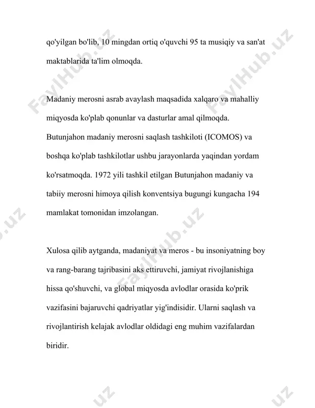 a. 2018 yilda o'zbekiston respublikasi prezidenti qarori bilan "madaniy meros obyektlarini asrash va ulardan foydalanishni yanada takomillashtirish uchun chora-tadbirlar dasturi" tasdiqlandi. bu dastur doirasida madaniy meros obyektlarini ta'mirlash va restavratsiya qilish maqsadida 500 milliard so'm ajratildi. shuningdek, 2020 yilga qadar 100 dan ortiq yodgorlik to'liq ta'mirlandi. statistik ma'lumotlarga asoslaniladigan bo'lsak, o'zbekistonda madaniy meros obyektlariga tashrif buyuruvchilar soni yildan-yilga ortib bormoqda. 2019 yilda madaniy yodgorliklarga umumiy tashrif buyurganlar soni 2 milliondan oshdi. bu esa chet ellik sayyohlarning o'zbekistonning boy madaniy merosi bilan tanishishga bo'lgan qiziqishining oshib borayotganini ko'rsatadi. bundan tashqari, 2017 yildan buyon o'zbekistonda "madaniyat va san'at forumi" tashkiloti faoliyat ko'rsatmoqda. ushbu forum madaniy merosni saqlash va uni targ'ib qilish, yoshlarni madaniy me'ros bilan yaqindan tanishtirish hamda xalqaro hamkorlikni rivojlantirish maqsadida ish olib bormoqda. forum tomonidan 2020-2023 yillarda 50 dan ortiq xalqaro konferensiya va seminarlar tashkil etildi. madaniy merosning avlodlarga etkazilishi masalasida oav (ommaviy axborot vositalari) ham katta ahamiyatga ega. milliy …
