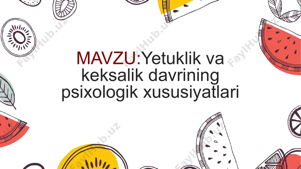 faoliyatining mahsuldorligini o’rgangan g.leman uning cho’qqisi kimyogarlarda 30yosh, matematiklarda 30-34 geologlar va astronomlarda 30-35 yosh ekanligini va o’rtacha mahsuldorlik cho’qqisi 37 yoshda bo’lishini qayd qilgan. yetuklik davrining ikkinchi bosqichidagi shaxsning psixologik hususiyatlari yetuklik davri 36-55(60) yoshlardagi erkak va ayollarni o’z ichiga oladi. mazkur davrda ijodiy faoliyatni qaytadan baholashda o’z ifodasini topuvchi yaxgi xislat namoyon bo’ladi. ular shu kungacha mehnat faoliyatida miqdor ketidan quvib yurgan bo’lsalar, endi mehnat mahsulining sifati ustida bosh qotira boshlaydilar. oilaviy turmushga, ijtimoiy hayotga, yashashning maqsadiga, inson qadr-qimmatiga, tevarak-atrofga, o’zlariga va boshqa odamlarga yangi mezon bilan qaray boshlaydilar. turmushning ikir-chikirlari, ijtimoiy hodisalarga vazmin, sabr-toqat bilan hayot tajribasiga suyangan holda munosabatda bo’ladilar, har bir narsaning nozik tomoni yoki yomon oqibati haqida o’z fikrlarii bildiradilar. hayotda qo’ldan boy bergan imkoniyatlari, xato va kamchiliklari ularda etti o’lchab, bir kes qabilida ish tutish tuy’gusini vujudga keltiradi. shuning uchun ular umrining biror daqiqasi behuda o’tishiga achinadilar, yoshlik yillarida yo’qotganlarini aql-zakovat, donishmandlik bilan …