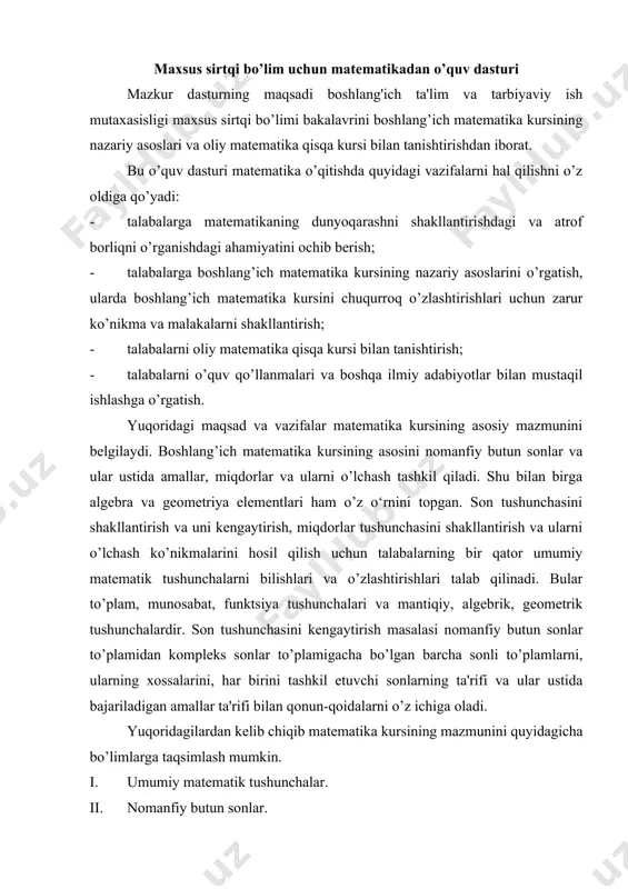 ajariladigan amallar ta'rifi bilan qonun-qoidalarni o’z ichiga oladi. yuqoridagilardan kelib chiqib matematika kursining mazmunini quyidagicha bo’limlarga taqsimlash mumkin. i. umumiy matematik tushunchalar. ii. nomanfiy butun sonlar. iii. son tushunchasini kengaytirish. iv. funktsiya, hosila, integral. v. algebra va analitik geometriya elementlari. vi. elementar geometriya elementlari. vii. miqdorlar va ularni o’lchash. matematika kursining mazmuni: № mavzular 1.1 i-bob. umumiy tushunchalar. to’plamlar va ular ustida operatsiyalar. to’plam tushunchasi. to’plamning elementi. bo’sh to’plam. chekli, cheksiz to’plamlarga misollar. to’plamlarning berilish usullari. teng to’plamlar. to’plam osti. universal to’plam. eyler-venn diagrammasi. to’plamlarning kesishmasi, birlashmasi, ikki to’plamning ayirmasi. universal to’plamgacha to’ldiruvchi to’plam. to’plamlarning dekart ko’paytmasi. to’plamlar ustidagi operatsiyalarning xossalari. to’plamlarni o’zaro kesishmaydigan to’plam ostilarga (sinflarga) ajratish tushunchasi. to’plamlarni bitta, ikkita va uchta xossaga ko’ra sinflarga ajratish. 1.2 moslik va munosabatlar. ikkita to’plam elementlari orasidagi moslik. moslikning grafigi. moslik turlari. to’plamni to’plamga o’zaro bir qiymatli akslantirish. teng quvvatli to’plamlar. to’plamdagi munosabat, uning xossalari. ekvivalentlik munosabatining to’plamlarning sinflarga ajratish bilan …