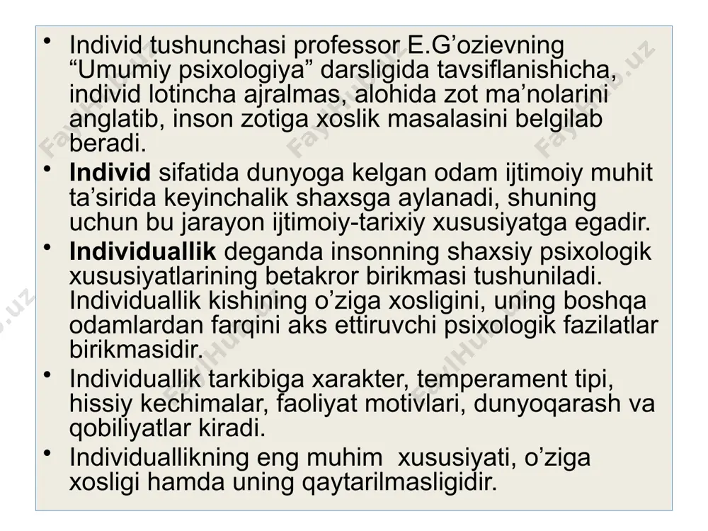 eb taxmin qiladi. e.krechmer odamlarni ikkita katta guruhga ajratadi va uning sikloid toifasiga xos(tez qo’zg’aluvchi, his-tuyg’usi o’ta barqaror), ikkinchisiga esa shizoid toifasiga(odamovi, munosabatga qiyin kirishuvchi, his-tuyg’usi cheklangan) xos odamlar turishini aytadi. a.maslou shaxs hamma vaqt quyidagi ehtiyojlarni qondirish natijasida faoliyatini amalga oshiradi deb ta`kidlaydi va uni piramida shaklida tushuntirib o`tadi: oziqlanishga bo’lgan ehtiyojlar; himoyalanishga nisbatan ehtiyojlar; yaqinlikka nisbatan ehtiyojlar; hurmatga nisbatan ehtiyojlar; kognitiv va estetik ehtiyojlar; o`z-o`zini anglashga nisbatan ehtiyojlar. z.freyd shaxs tuzilishining yangi nazariyasini taklif etadi, bu nazariya uch xil psixik instantsiyaning hukm surishi to’g’risidagi farazni asoslashga qaratiladi: «u» (id) — lazzatlanish, rohatlanish tamoyiliga bog’liq bo’lgan instinktiv mayllarni qamrab oladi; «men» (ego) — tashqi olam bilan bilvosita aloqaga kirishuvchi psixologik instantsiya; «mendan yuqori-oliy men»(super-ego) o’z ichiga ijtimoiy ta’qiqlar, qonun tusiga kirgan majburiy tartib qoidalar va ideallarni oladi. sotsiogenetik konsepsiya neofreydizm oqimining yirik vakillari karen xorni (1885-1953), g.salliven (1892-1949), erix fromm(1900-1980)larning fikricha, odam psixikasining shakllanishi va rivojlanishiga ijtimoiy shart-sharoitlar va …