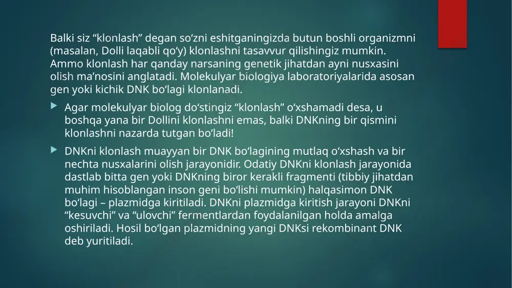 gan. u scnt yordamida yaratilgan; odamning oyoq hujayrasidan yadro olindi va yadrosi olib tashlangan sigir tuxumiga kiritildi va gibrid hujayra ekilib, embrionga aylandi. 2002-yil 27-dekabrda guruh klonlangan birinchi chaqaloq — eve ismli —dunyoga kelganini eʼlon qildi. 2004 yilga kelib clonaid 14 ta odam klonini hayotga olib kelganini da’vo qildi. e’tiboringiz uchun rahmat! image6.jpeg image7.jpeg image8.jpeg image9.jpeg image10.jpeg image11.jpeg image12.jpeg image13.jpeg image2.png image3.png image4.png image5.png 84530596 /docprops/thumbnail.jpeg