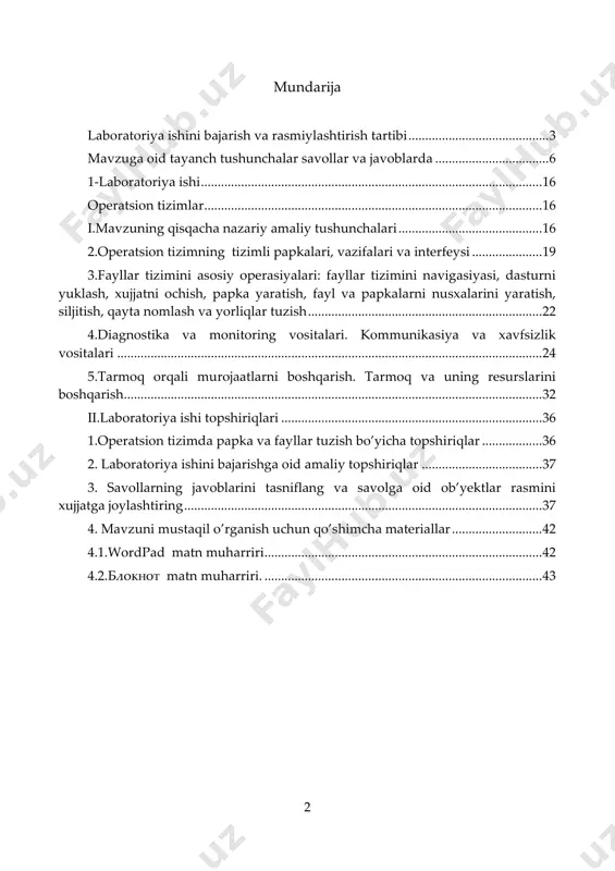 ........................................ 37 4. mavzuni mustaqil o’rganish uchun qo’shimcha materiallar ........................... 42 4.1.wordpad matn muharriri ................................................................................... 42 4.2.блокнот matn muharriri. ................................................................................... 43 3 laboratoriya ishini bajarish va rasmiylashtirish tartibi 1)laboratoriya ishini tituli, namuna toshkent davlat iqtisodiyot universiteti samarqand filiali raqamli iqtisodiyot va axborot texnologiyalari kafedrasi iqtisodiyotda axborot-kommunikatsion texnologiyalar va tizimlar fanidan 1-laboratoriya ishi samarqand – 2019 bajardi: iqtisod fakulteti 107-guruh talabasi abdullayev otabek. tekshirdi: raqamli iqtisodiyot axborot texnologiyalari kafedrasi o’qituvchisi u.kubayev samarqand iqtisodiyot va servis instituti axborot texnalogiyalari kafedrasi samarqand-2021 tekshirdi:axborot texnalogiyalari kafedrasi o'qituvchisi tojiyev n 4 laboratoriya ishini ikkinchi sahifasi (namuna) 1-laboratoriya ishi mavzu: operatsion tizimlar reja: 1.operatsion tizimning ish stoli 2.operatsion tizimning tizimli papkalari, vazifalari va interfeysi 3.fayllar tizimini asosiy operasiyalari: fayllar tizimini navigasiyasi; dasturni yuklash, xujjatni ochish; papka yaratish; fayl va papkalarni nusxalarini yaratish, siljitish, qayta nomlash va yorliqlar tuzish. 4.diagnostika va monitoring vositalari. kommunikasiya va xavfsizlik vositalari 5.tarmoq orqali murojaatlarni boshqarish. tarmoq va uning resurslarini boshqarish. dasturlarni …
