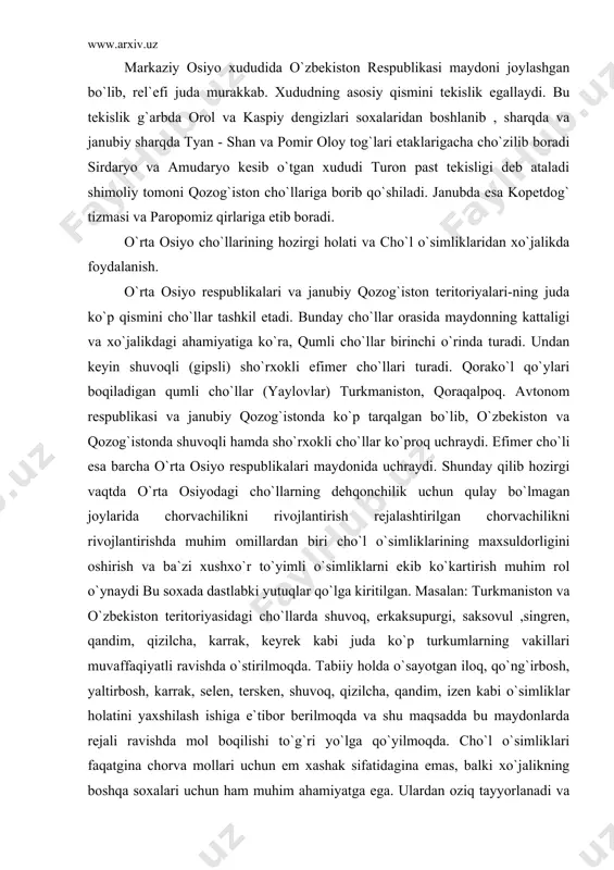cha, karrak, keyrek kabi juda ko`p turkumlarning vakillari muvaffaqiyatli ravishda o`stirilmoqda. tabiiy holda o`sayotgan iloq, qo`ng`irbosh, yaltirbosh, karrak, selen, tersken, shuvoq, qizilcha, qandim, izen kabi o`simliklar holatini yaxshilash ishiga e`tibor berilmoqda va shu maqsadda bu maydonlarda rejali ravishda mol boqilishi to`g`ri yo`lga qo`yilmoqda. cho`l o`simliklari faqatgina chorva mollari uchun em xashak sifatidagina emas, balki xo`jalikning boshqa soxalari uchun ham muhim ahamiyatga ega. ulardan oziq tayyorlanadi va ziravor sifatidafoydalaniladi, bo`yoq oshlovchi, oshlovchi moddalar, efir moylar, olinadi va boshqa maqsadlarda ishlatiladi. qum sabzi (sehumannia karelinii) va kovrak (ftrula dshaudshamyr) kabilarning ildizmevasi va kumarchiq hamda qumtarin (sorisprum lthmahnianum. c.apterum) kabilarning urug`i oziq hisoblanadi, arnebiya (arnebia orintalis) va nomneya (nonnea picta) kabilarning ildizidan bo`yoq olish mumkin. cho`l chuxrosi (rheum turkestanicum) qandim, yulg`un, kermak kabilardan oshlovchi moddalar olinadi. psammogeton (psammogeton satifolium) efir moyli o`simliklardan biridir. manzarali (dekarativ) o`simliklardan lola (tulipa), shirach (eremurus), smirnoviya (cimirnovea turkestanica), astragal (astragalus maximoviczii), boyxalcha, ersovun (leontice eversmannii) kabilarini ko`rsatish mumkin. …