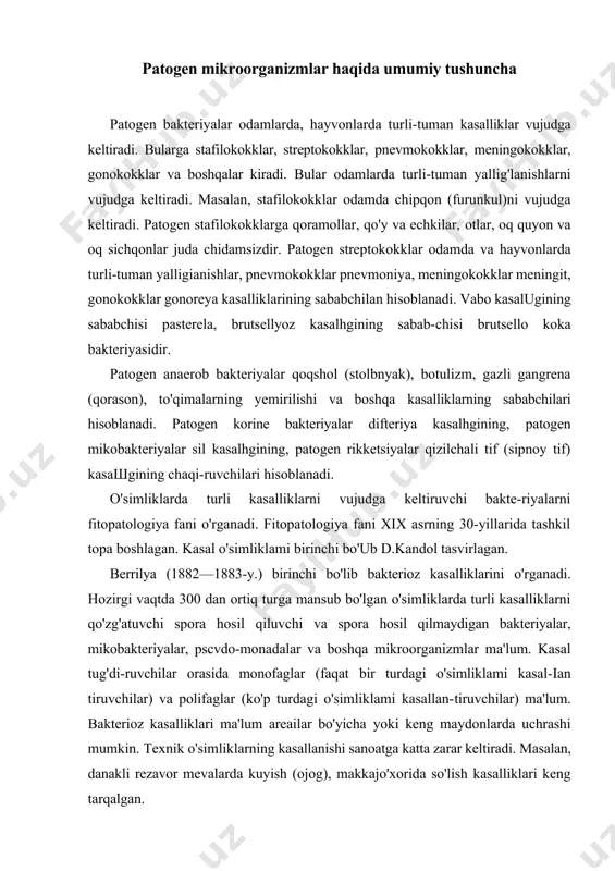 um. bakterioz kasalliklari ma'lum areailar bo'yicha yoki keng maydonlarda uchrashi mumkin. texnik o'simliklarning kasallanishi sanoatga katta zarar keltiradi. masalan, danakli rezavor mevalarda kuyish (ojog), makkajo'xorida so'lish kasalliklari keng tarqalgan. g'o'zada uchraydigan gommoz natijasida 60%, g'allalarda uchraydigan qorakuya natijasida 15—60% ga yaqin, pomidorida uchraydigan rak natijasida 70-96% ga yaqin hosil nobud bo'ladi. yog'ochi qurilishda ishlatiladigan qayin, archa, buk kabi daraxtlar ham keng miqyosda zararlanadi. fitopatogen psevdomonadalar. bularning turi juda ko'p bo'lib, turli o'simliklarda turli kasalliklar qo'zg'atadi. bug'doyda qorakuya kasalligini vujudga keltiradi. bu kasallik zararlangan don orqali tarqaiadi. u kanada, aqsh, meksika, avstraliyada va rossiyaning yevropa qismida keng tarqalgan. bug'doy o'simligining hamma organlarini zararlaydi, hatto arpa, javdar va sulini ham zararlaydi. ps. malvacelarium g'o'zada gommoz kasalligini qo'zg'atadi. kasallangan o'simlikning bargida to'q yashil, yumaloq yoki uch-burchak shakldagi yog'li dogiar paydo qiladi, o'simlikning poyasi ham zararlanadi. keyin ko'saklarda oldiniga to'q yashil, keyinchalik qora rangli dog'lar hosil qiladi. poyasi tez sinadigan bo'lib qoladi. kasallik hosilni …