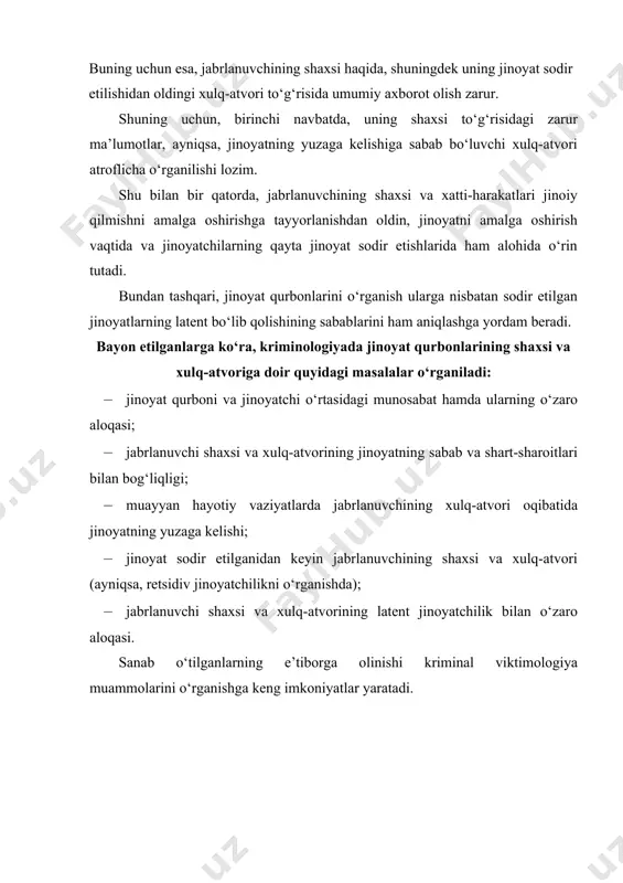 ing bir qancha turlari ajratib ko‘rsatilgan: 1) individual viktimlik – muayyan shaxsning ijtimoiy, biofiziologik yoki ruhiy xususiyatlariga ko‘ra, ma’lum bir hayotiy vaziyatlarda jinoyat sodir etishi va o‘ziga ma’lum miqdorda zarar yetkazilishi; 2) turdosh viktimlik – ayrim shaxslarning bir qancha holatlar ta’sirida ma’lum jinoyat turlaridan (masalan, talonchilik, nomusga tegish va h.k.) jabrlanishga «moyilligi»; 3) guruhiy viktimlik – o‘xshash ijtimoiy, demografik, psixologik, biofizik va boshqa xislatlarga ega bo‘lgan odamlarning muayyan toifalariga (inkassatorlar, qorovullar, taksichilar va h.k.) xos bo‘lgan jinoyatlardan jabrlanish qobiliyati; 4) ommaviy viktimlik – aholining ma’lum bir qismi o‘zlarining subyektiv xususiyatlari tufayli obyektiv tarzda jinoyatlardan jabrlanishi. sanab o‘tilgan viktimlik holatlarida asosiy omillardan biri bo‘lib, jabrlanuvchining muayyan xususiyatlari ko‘rsatilgan. ta’kidlash joizki, shaxsning viktimlik holatiga tushib qolishiga nafaqat uning subyektiv xususiyatlari, balki boshqa omillar ham ta’sir etadi. ya’ni kishi o‘z shaxsiy xususiyatlariga ko‘ra emas, balki ularning boshqa omillar bilan uyg‘unlashuvi yoki bog‘lanishi natijasida jinoyatdan jabrlanishi mumkin. adabiyotlarda viktimlikning quyidagi asosiy ikki turi ham …